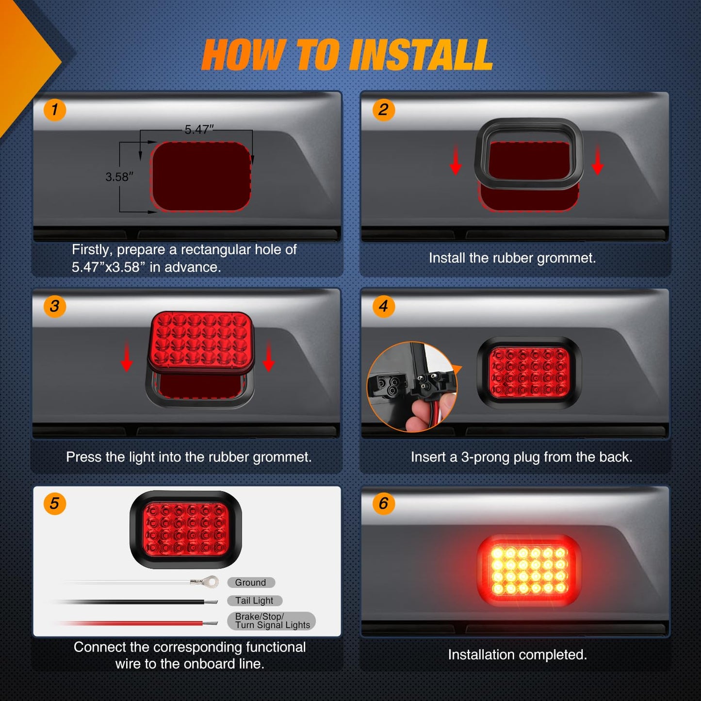 Nilight 5” X 3” Rectangular Trailer Tail Light 2 PCS Red 24 LED Stop Brake Turn Marker Lights w/Flush Mount Grommets Plugs IP67 Waterproof for 12V Truck ATV UTV Bus RV Camper