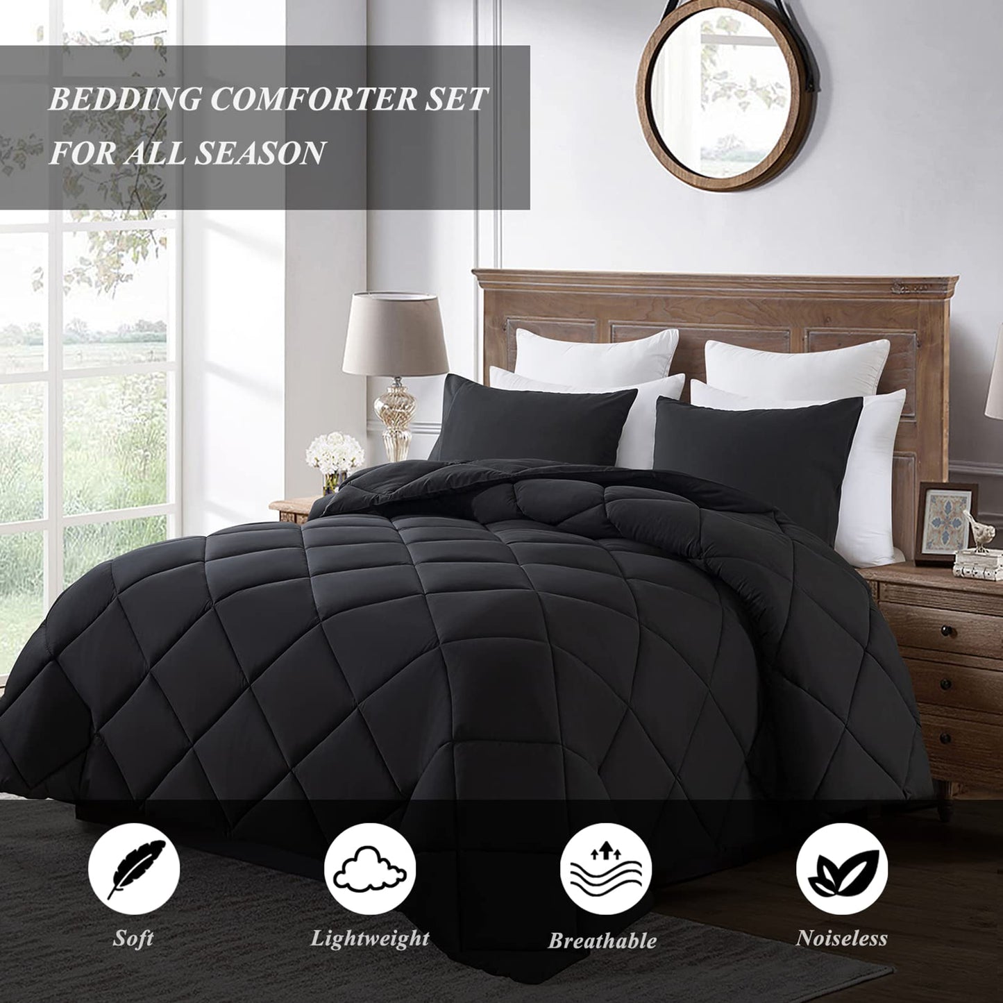 ELNIDO QUEEN Black Queen Comforter Set with 2 Pillow Shams - 3 Pieces Bed Comforter Set - Quilted Down Alternative Comforter Set - Lightweight All Season Bedding Comforter Sets Queen Size(88x92 inch)