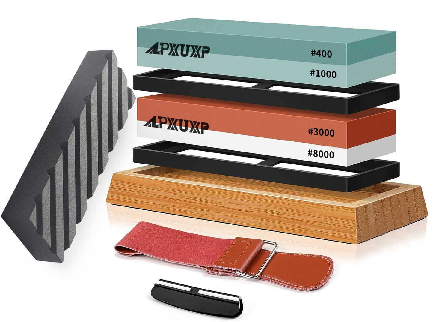 Knife Sharpening Stone Kit 400/1000 3000/8000 Grit Professional Whetstone Set Coarse to ExtraFine 2-Side Sharpener Include Flattening Stone,Angle Guide,Safe Nonslip Bamboo Base and Slip Silicone Base