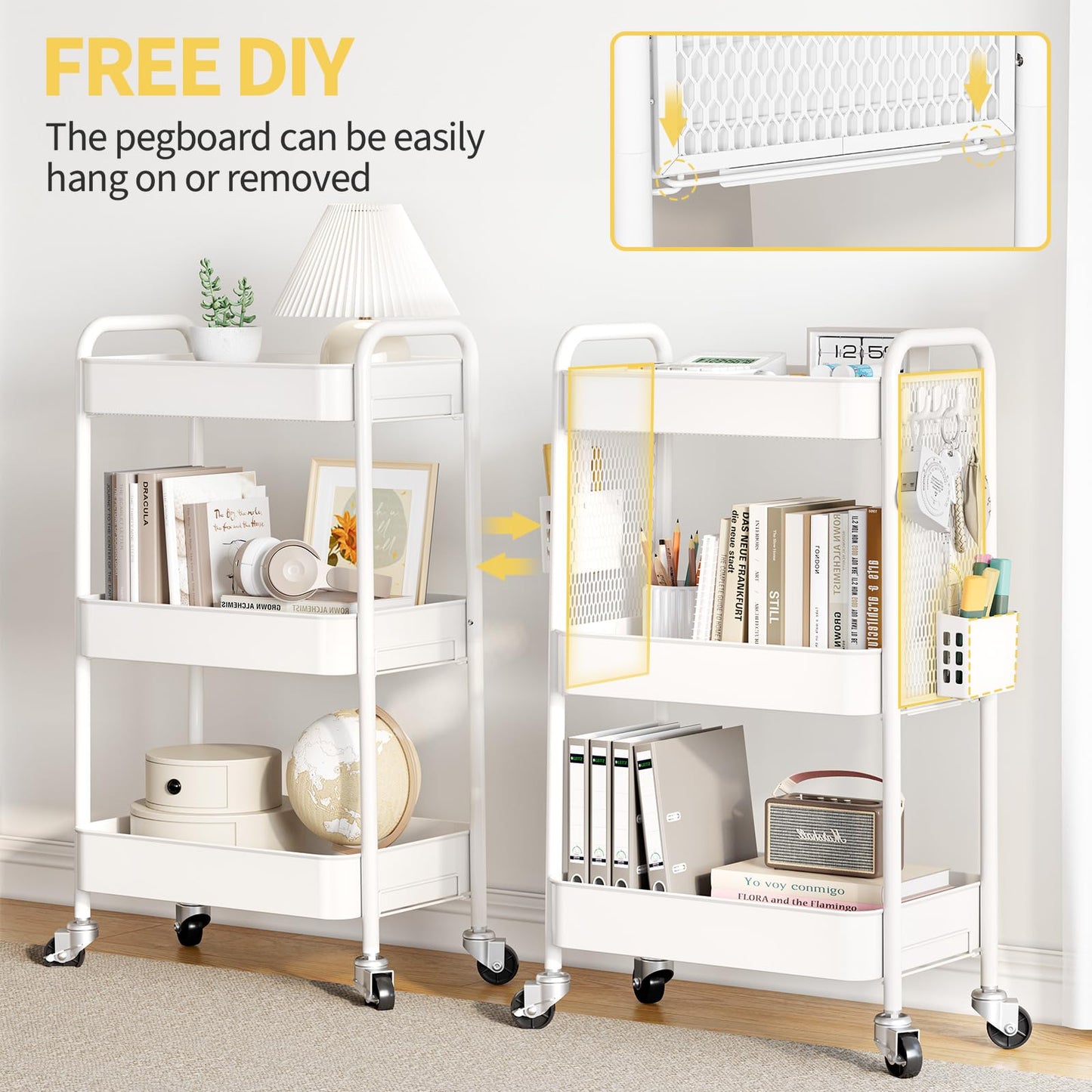 TOOLF 3 Tier Rolling Cart Storage Organizer, Metal Rolling Utility Cart with Wheels, Hooks & Bins Esthetician Craft Art Sturdy Storage with Pegboard for Bathroom, Kitchen, Office, Nursery Diaper