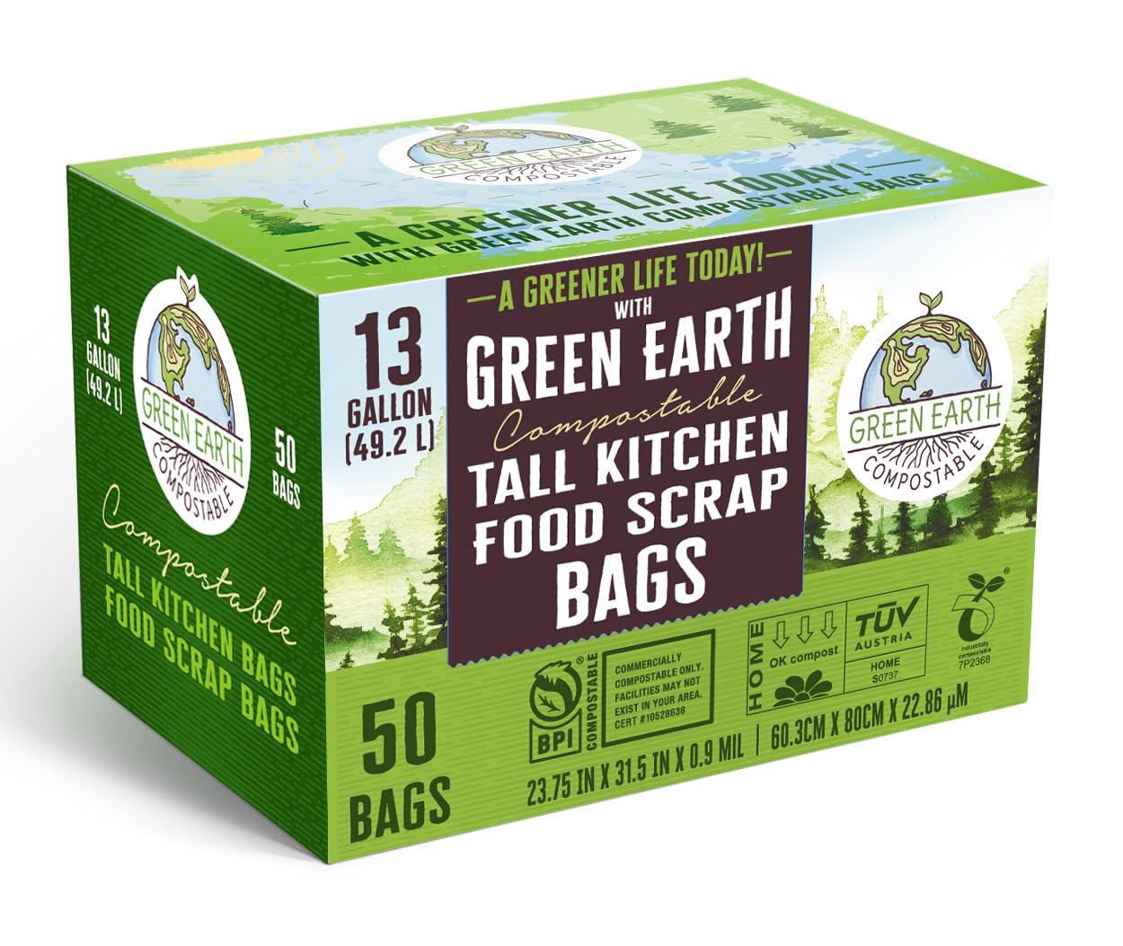 Green Earth Compostable Tall Kitchen Food Scrap Waste Bags, 13 Gallon, 49 Liter, 50-Count, Superior Strength 0.9 Mil Thickness, ASTM D6400, US BPI & Europe OK Compost Home Certified, USA