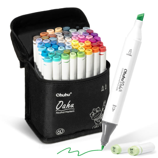 Ohuhu Alcohol Markers - Double Tipped Art Marker Set for Artist Adults' Coloring Sketching Illustration - 60 Colors - Chisel & Fine Dual Tips- Oahu Series of Ohuhu Markers