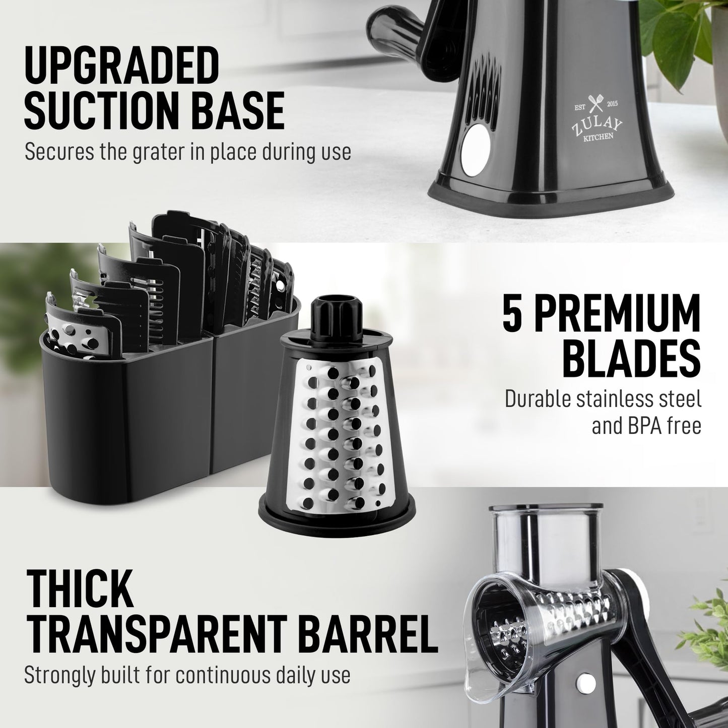 Zulay Kitchen 5-Blade Rotary Cheese Grater - Manual Hand Crank Cheese Shredder with Reinforced Suction & 5 Interchangeable Drums - Vegetable Chopper & Round Mandoline Slicer