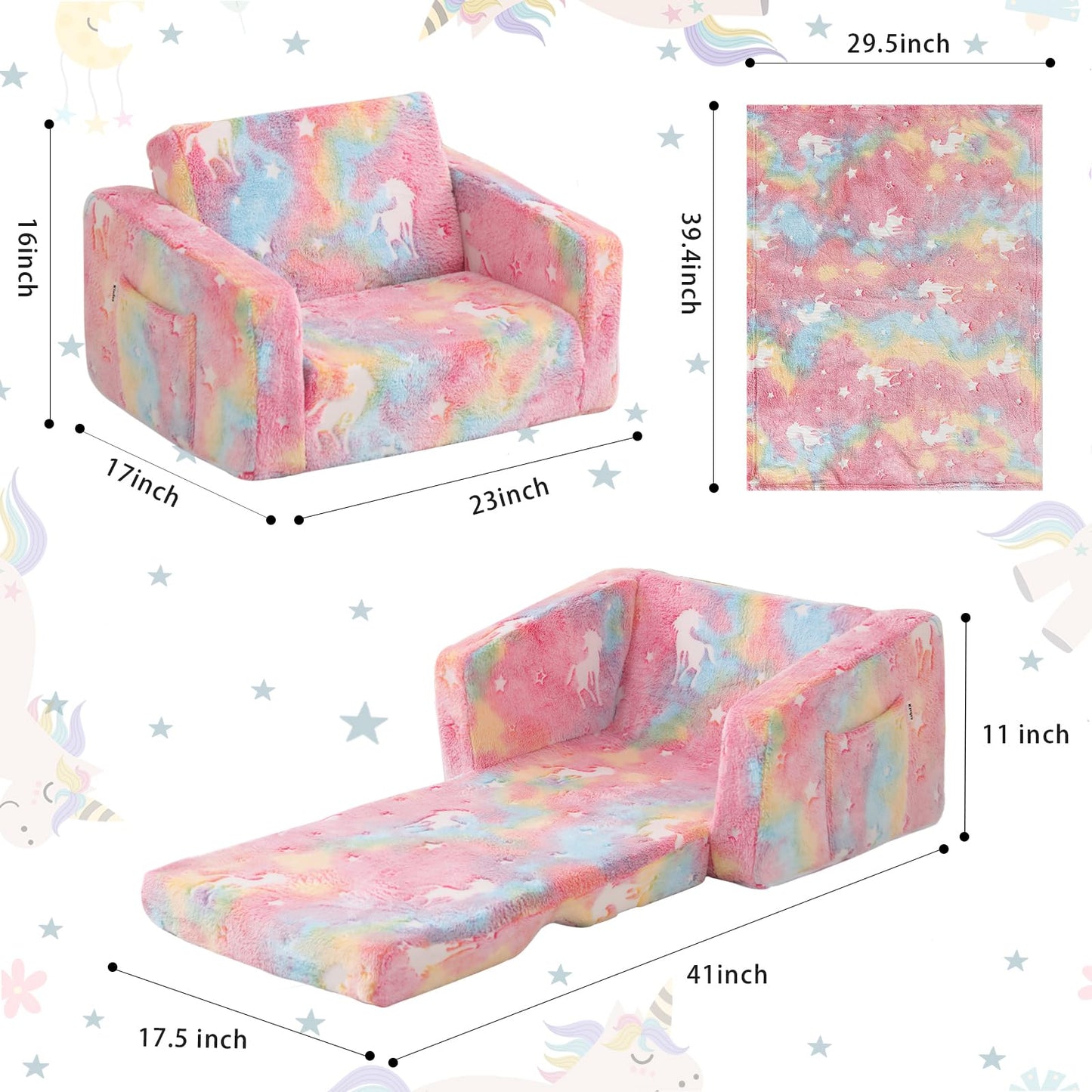 Kisdsa Toddler Couch Fold Out, Foldable Toddler Chair with Blanket, Flip Out Kids Couch,Glow in the Dark Convertible Sofa Gift for Girls & Boys (Glow Pink)