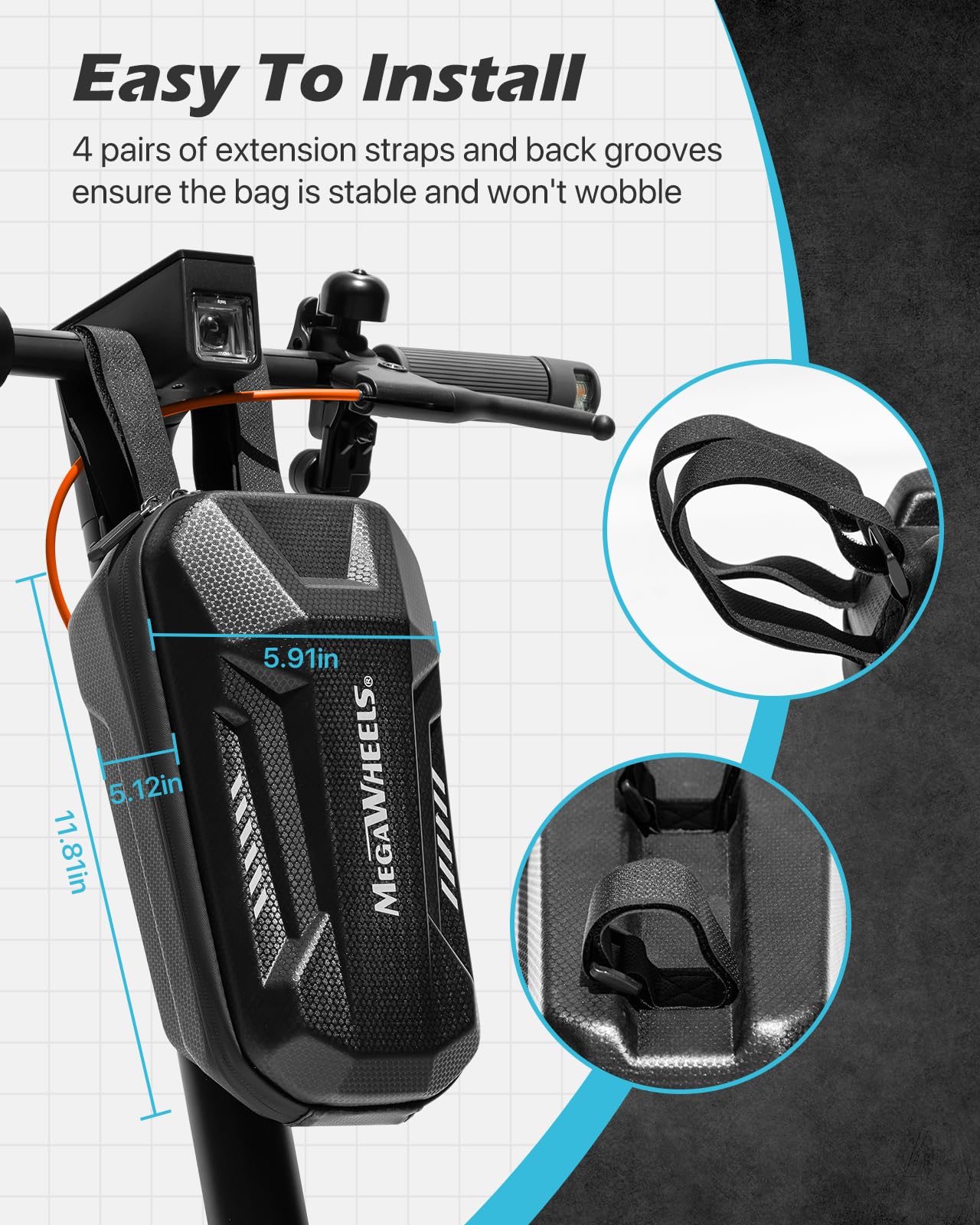 MEGAWHEELS Electric Scooter Bag,Universal Waterproof Escooter Handbar Hanging Bag Wtih 3 Independent Pockets for Carrying Chargers, Phone, Keys,Tools，4L,Tool-Free Installation