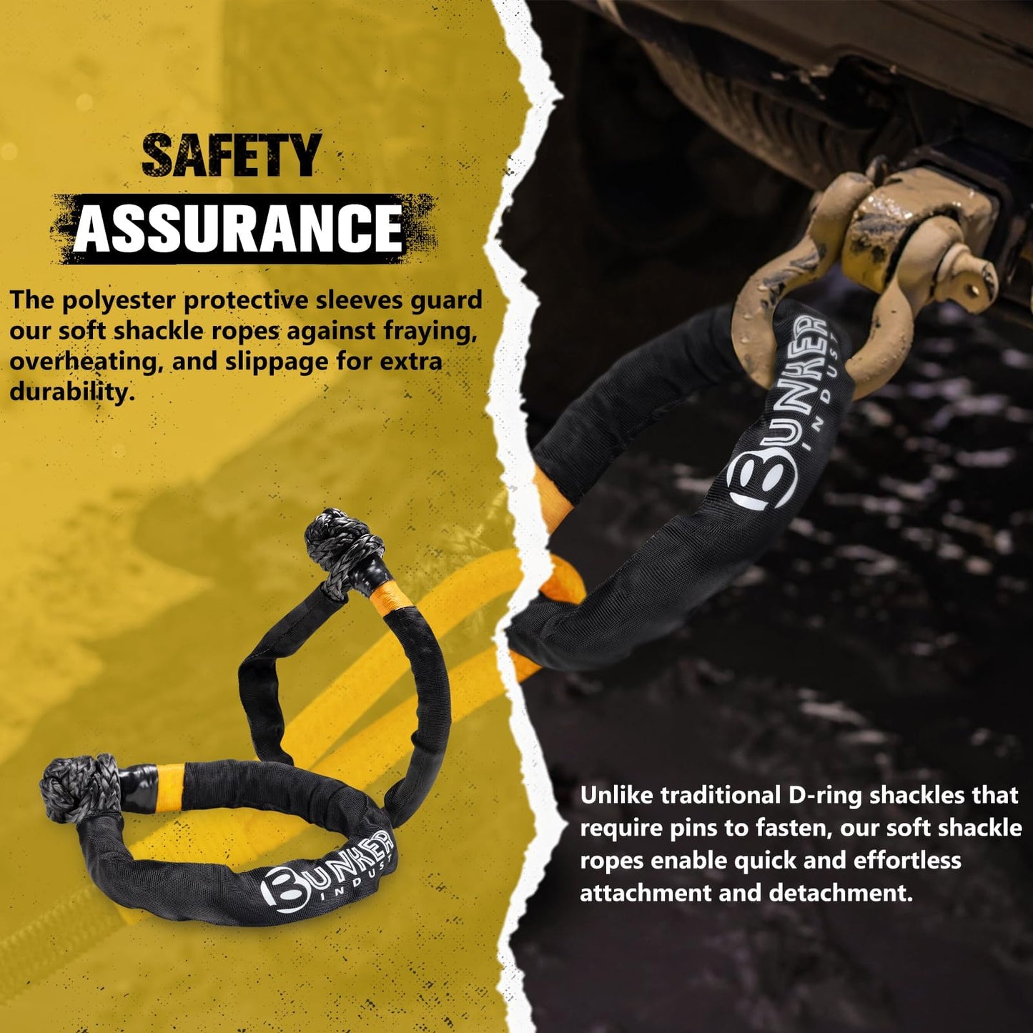 BUNKER INDUST 2Pcs Synthetic Soft Shackle Rope,1/2 Inch x 23 Inch (49,000 LBS Breaking Strength) Winch Towing Recovery Shackles for Offroad 4x4 Vehicles Truck, SUV, ATV, UTV