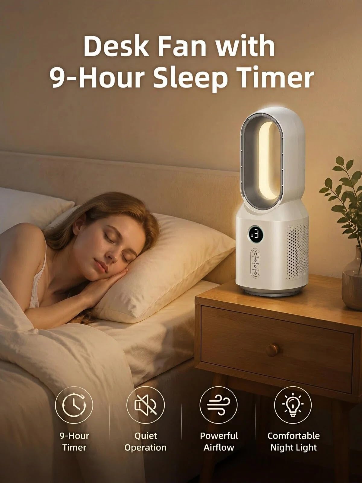 Let'me 13 Inch Desk Fan, Small Bladeless Fan with 9-Hour Sleep Timer, 3 Speeds Cooling Table Fan with Night Light, Quiet Desk Fan for Bedroom, Nightstand, Office