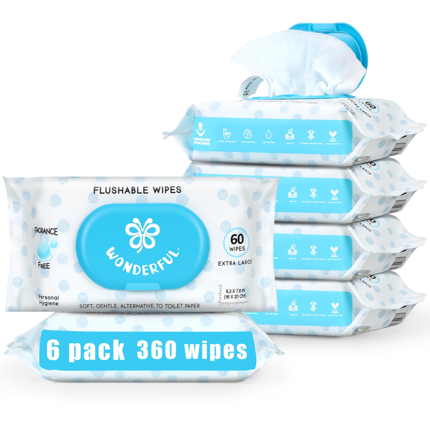 WONDERFUL Flushable Wipes, Unscented 100% Plant-Based Wet Butt Wipe for Adults & Kids, Sewer Septic Safe, Gentle for Sensitive Skin, Wipes Flushable Pack for Bathroom & Travel, 6-Pack (360 Counts)