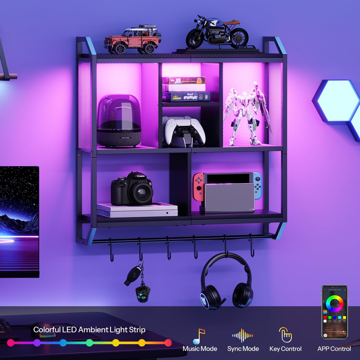 HOOBRO Gaming Floating Shelves with LED Lights, 3-Tier Wall Mounted Shelf for Wall Storage, 75 cm Pipe Shelves Hanging Display Rack, with Hanging Rod and 6 S-Hooks, for Gaming Room, Black BB70DBJ01