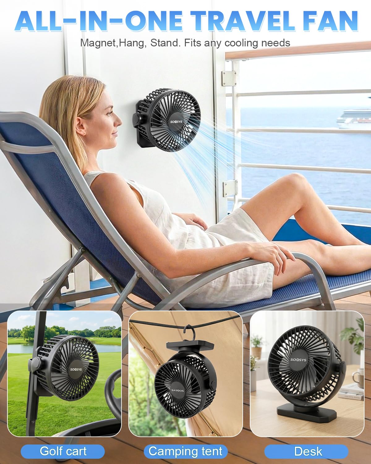 SOQSYS Cruise Approved Magnetic Fan with 12000mAh Rechargeable Battery, Cruise Fan with 3 Speeds, Timer, Led Lights, Power Output & Bottom Hook, Portable Fans for Camping Travel Cruise Essentials
