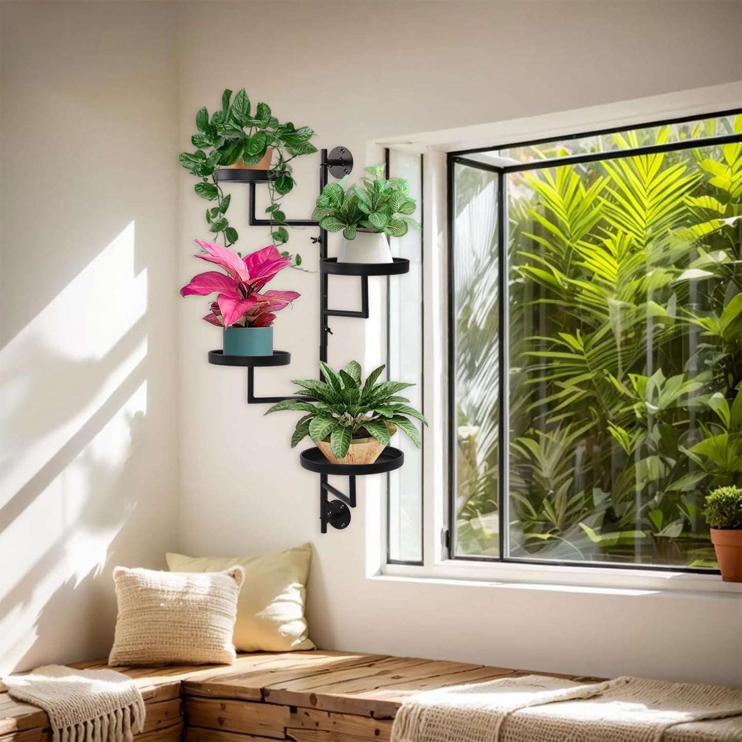 Tefola 4 Tier Rotating Window Plant Wall Shelves Indoor, Metal Vertical Plant Stand, Window Planters Hanger, Wall Plant Holder for Multiple Plants Home Decor Wall Decor, Easy Install