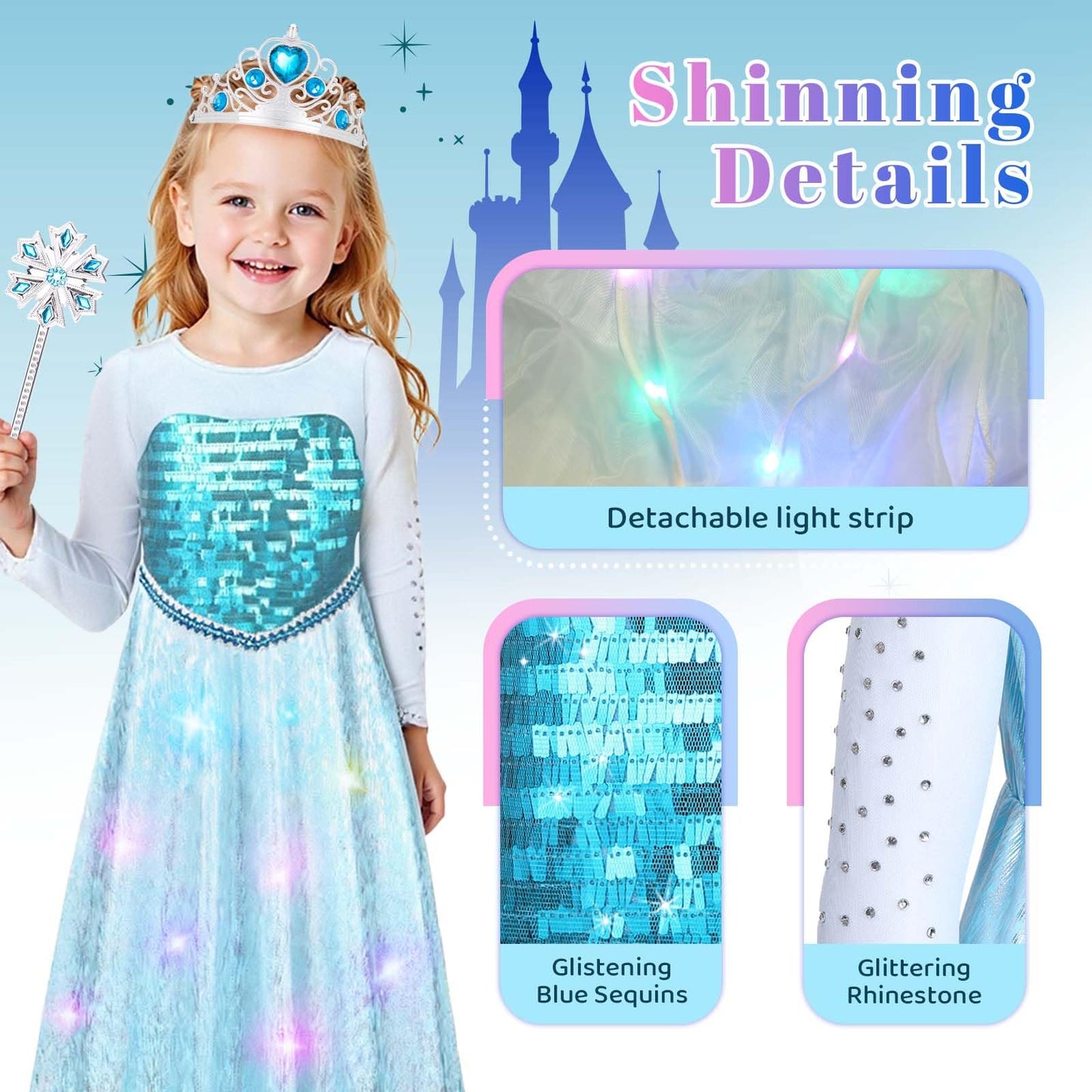 Meland Princess Dress Up Clothes for Girls, Light Up Princess Costume for Kids, Gift for 5-6 Years Old Toddler Girls