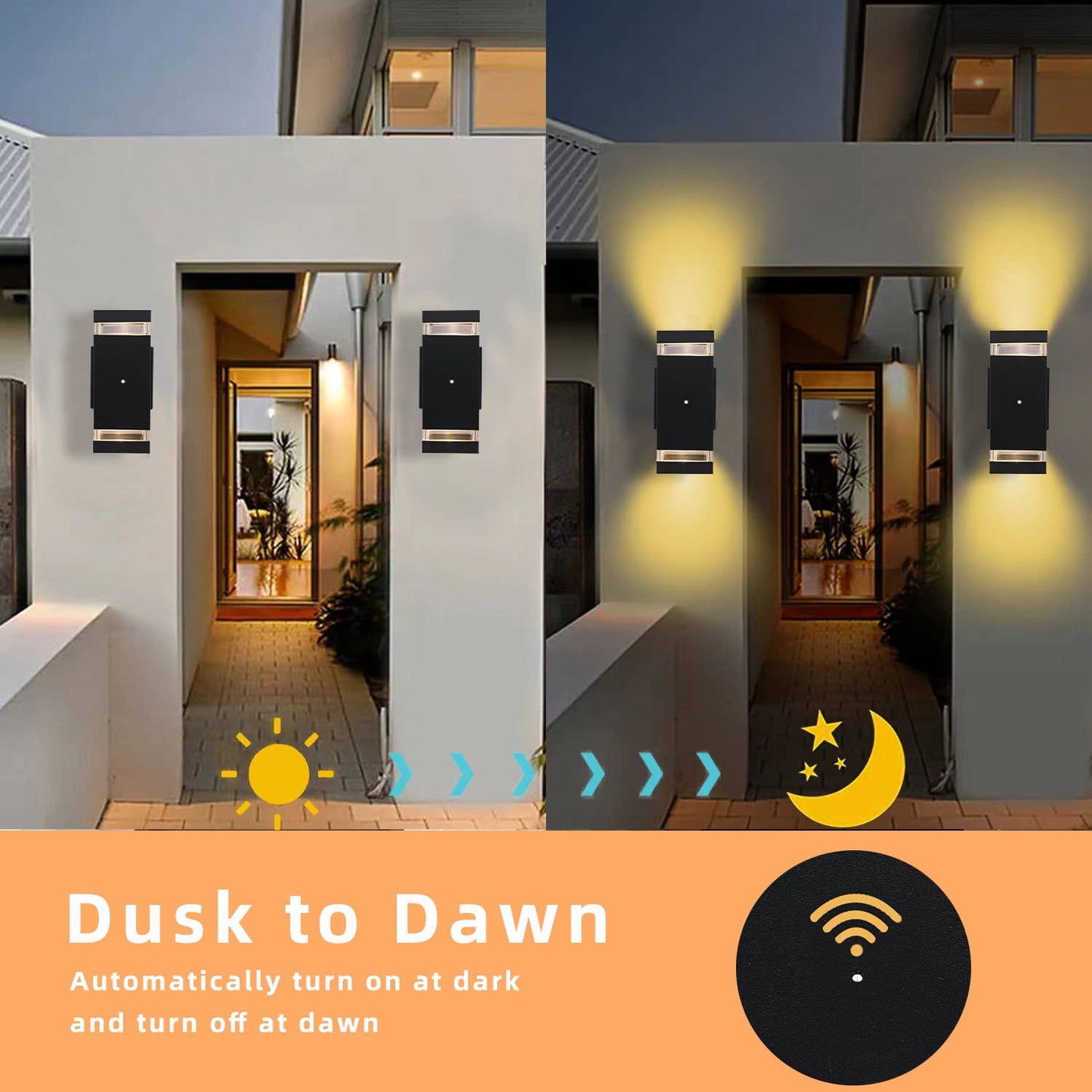OUTKEIEI Dusk to Dawn Outdoor Wall Lights, 2 Pack Up Down Modern Exterior Light Fixtures Wall Mount, Black Aluminum Waterproof Porch Lighting Front Door Sconces for Outside House