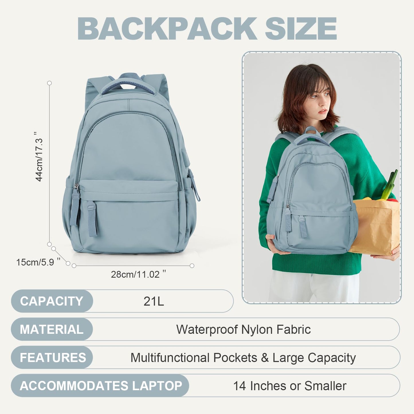 Backpack for School Women College High School Bag for Girls Teen Boys Book Bag Casual Travel Laptop Backpacks for Men Light Blue