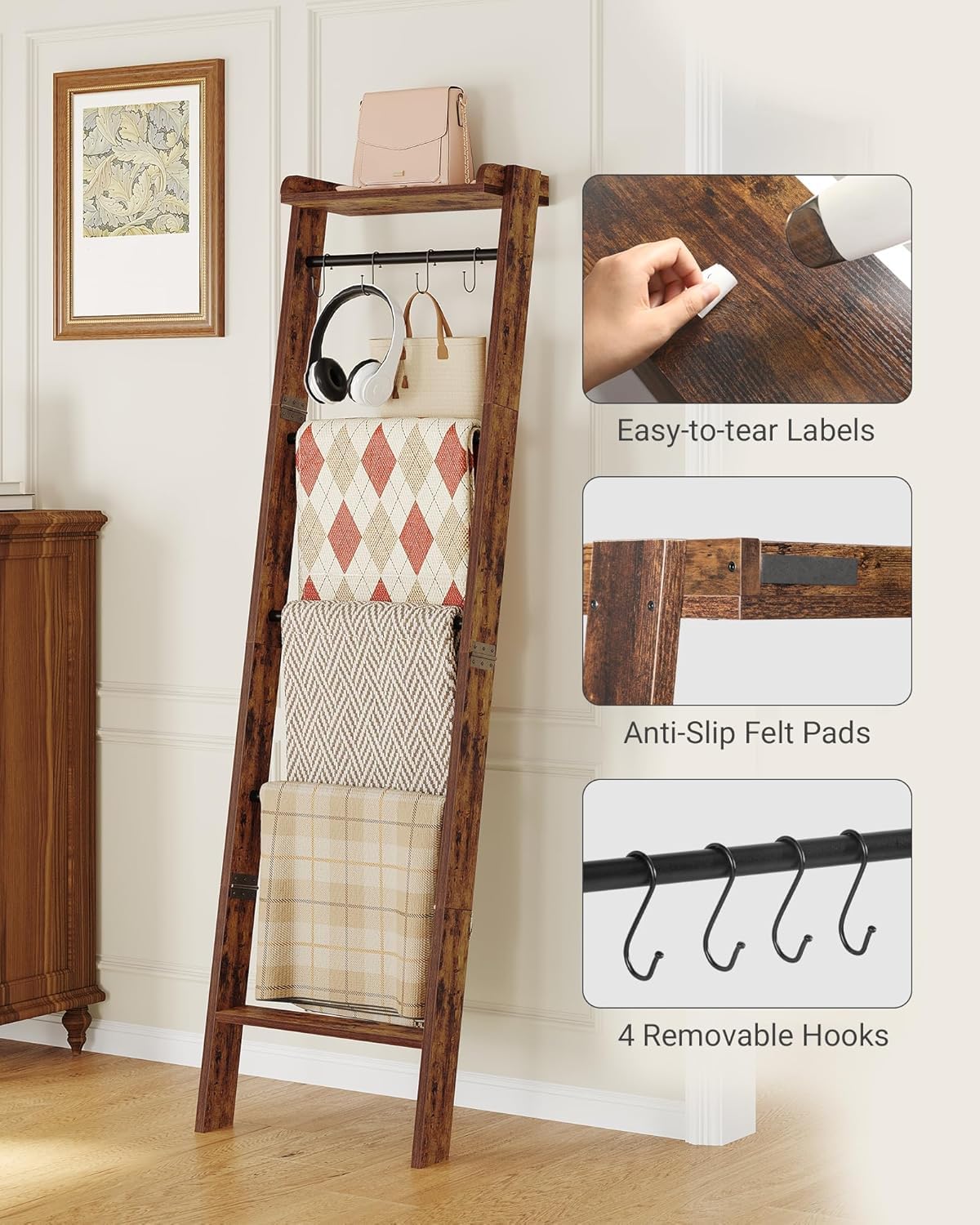 Hzuaneri Blanket Ladder Shelf for Living Room, Decorative Quilt Rack with Storage Shelf, 6-Tier Farmhouse Towel Rack, Ladder Holder Organizer with 4 Removable Hooks for Bedroom, Rustic Brown BR35801B