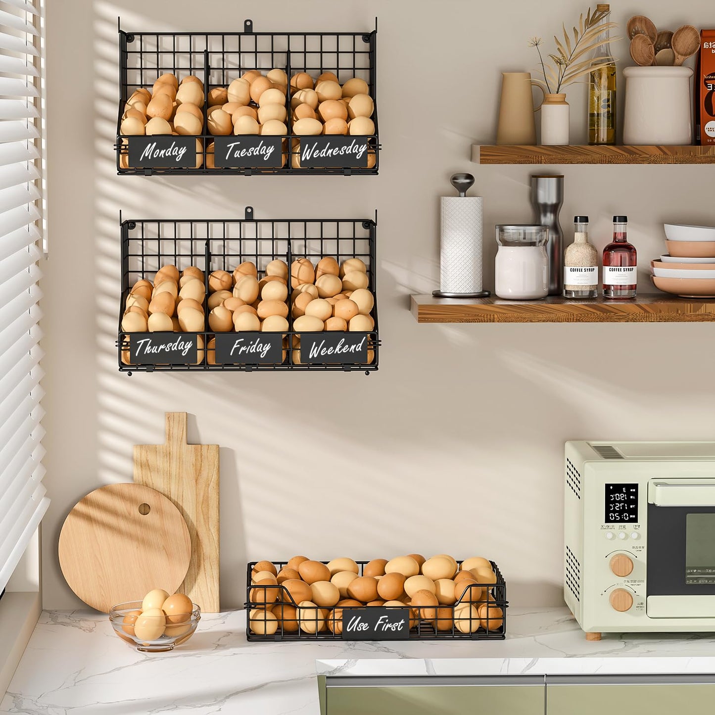 X-cosrack Egg Holder Countertop, 3 Tier Storage Rack with Labels Dividers to Separate Eggs, Stackable Wire Baskets for Fresh Egg, XXL Egg Dispenser for Countertop/Wall-Mounted
