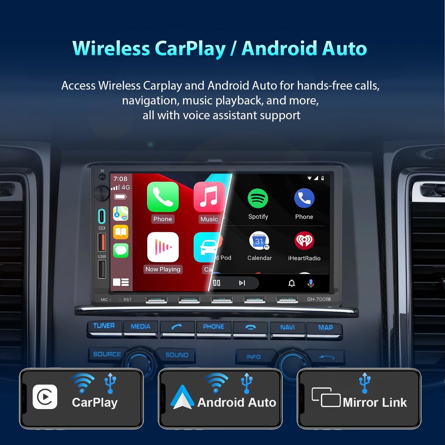Alondy Double Din Car Stereo Bluetooth Compatible with [Wireless] Apple CarPlay/Android Auto 7" Touchscreen AM/FM Radio USB (Fast Charge 3A) Backup Camera