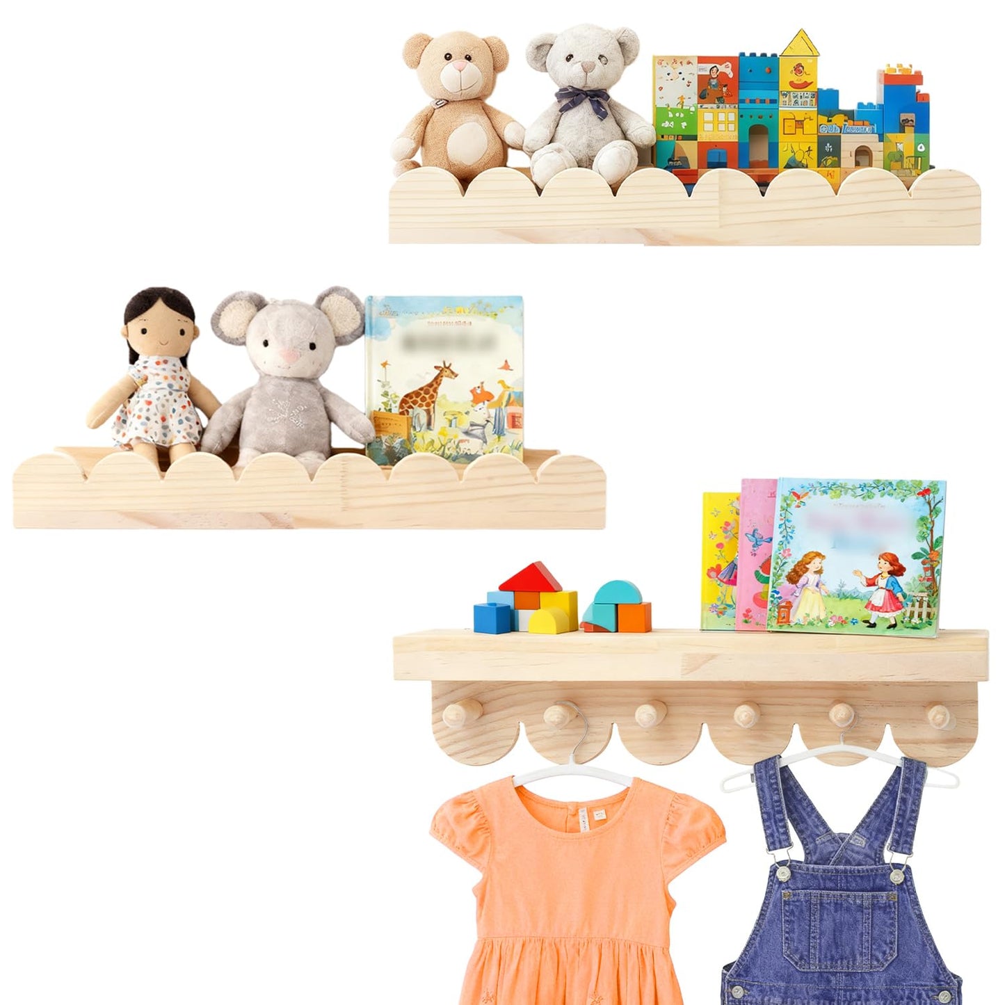 Nursery Book Shelves, 3PCS Wooden Scalloped Shelves with Round Hooks, Floating Shelves Wall Mounted Organizer for Bedroom, Living Room Decor