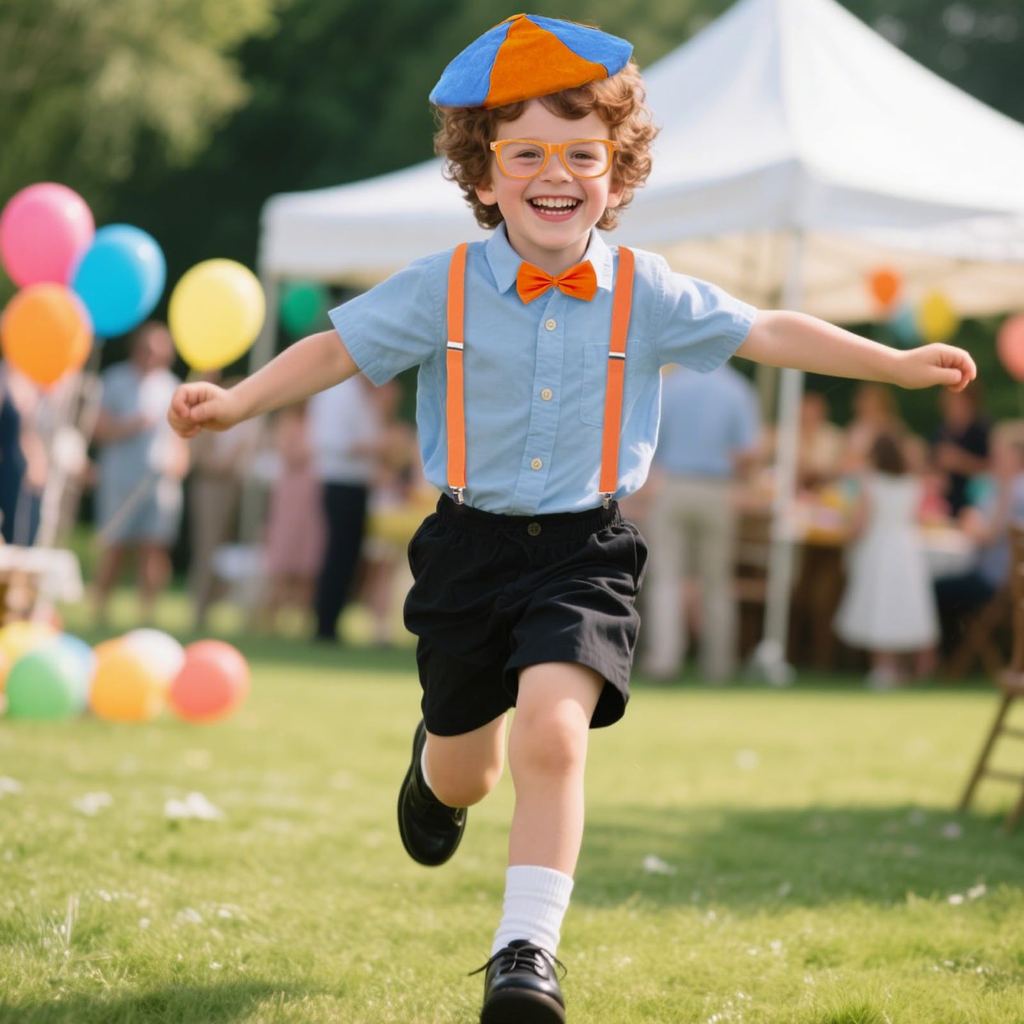 Kids Costume Set - Orange Bow Tie, Suspenders, Hat & Glasses for Dress Up & Halloween | Boys & Girls Roleplay Accessories