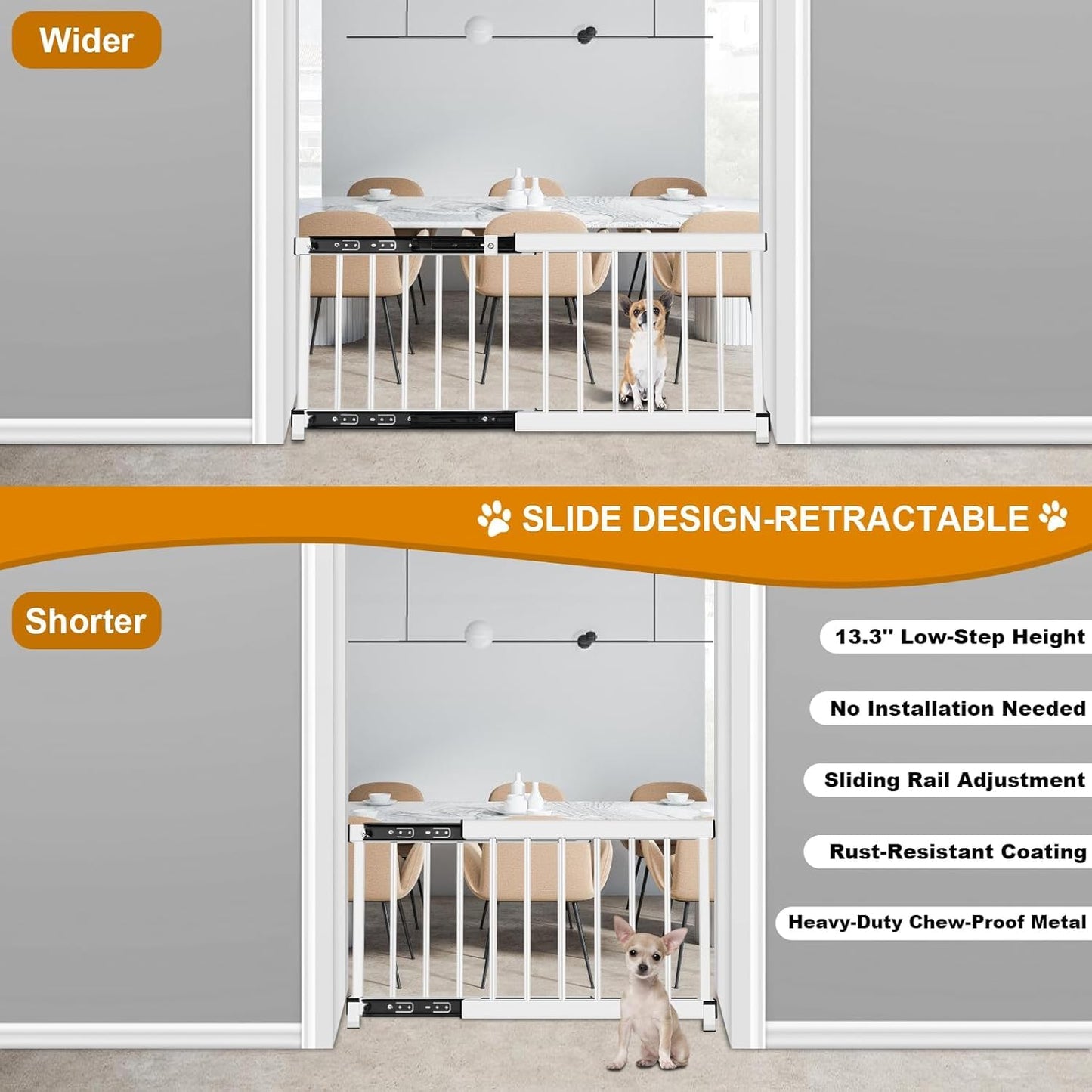 White Metal Dog Gate for Small Dogs - 13.3" Short Freestanding Puppy Gate with Retractable Sliding Rail, No Installation, Indoor/Outdoor Use, Foldable & Portable Pet Barrier