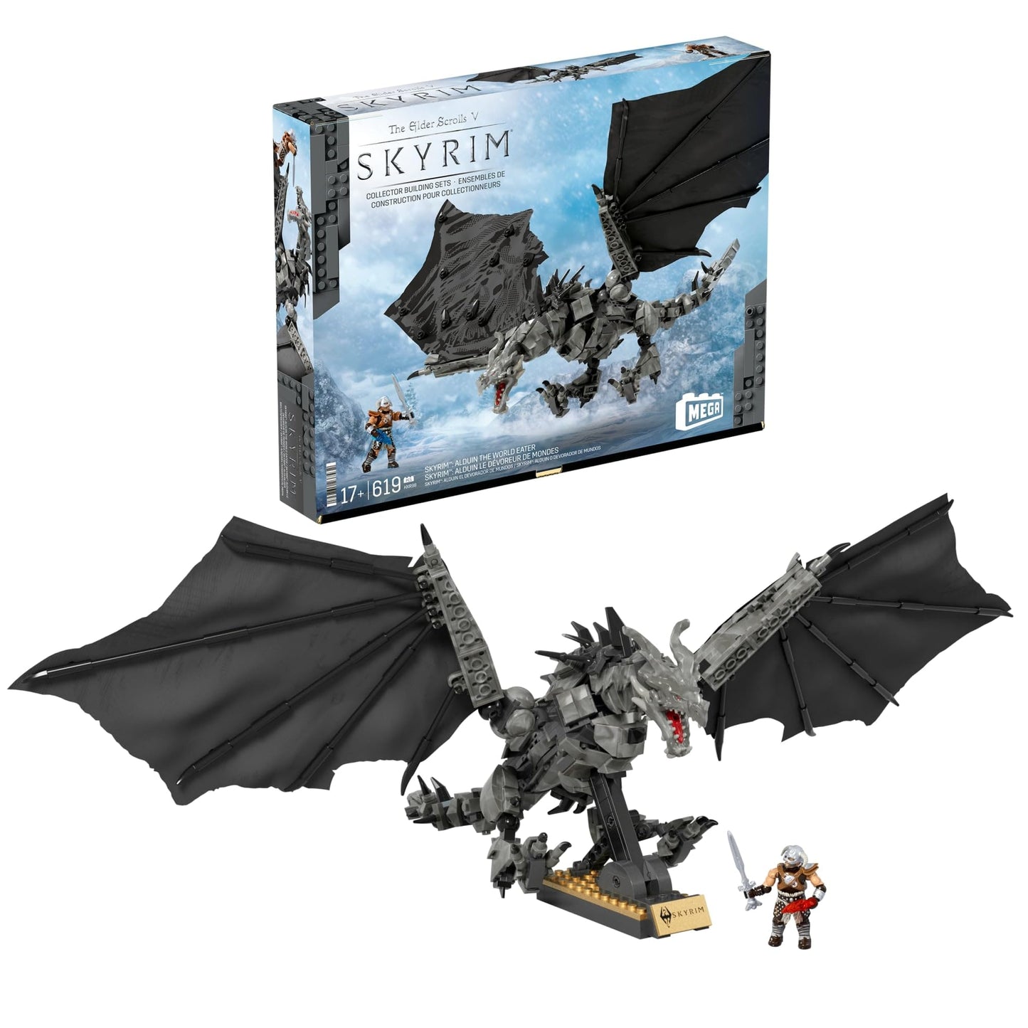 MEGA Skyrim Action Figures Building Toys, Alduin the World Eater with 619 Pieces, with 1 Dragonborn Figure, for Collectors