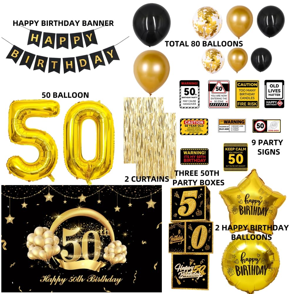50th Birthday Party Decorations 50 Years Old Party Supplies Set for Men Women with Balloons Garland, 50th Backdrop, Birthday Banner, Foil Balloons and Curtains 100 pack