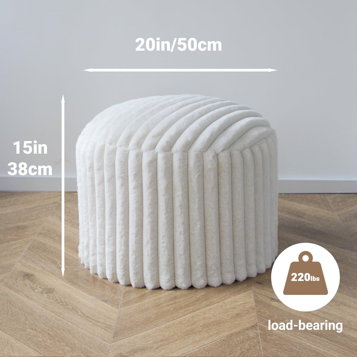DAWNYIELD Round Stuffed Pouf Ottoman Stripe Faux Fur Footrest Stool, Solid Block Support+Soft Cushion Comfort, Removable Washable Cover, 20" Floor Pouf for Living Room Bedroom Dorm Vanity, Cream Beige