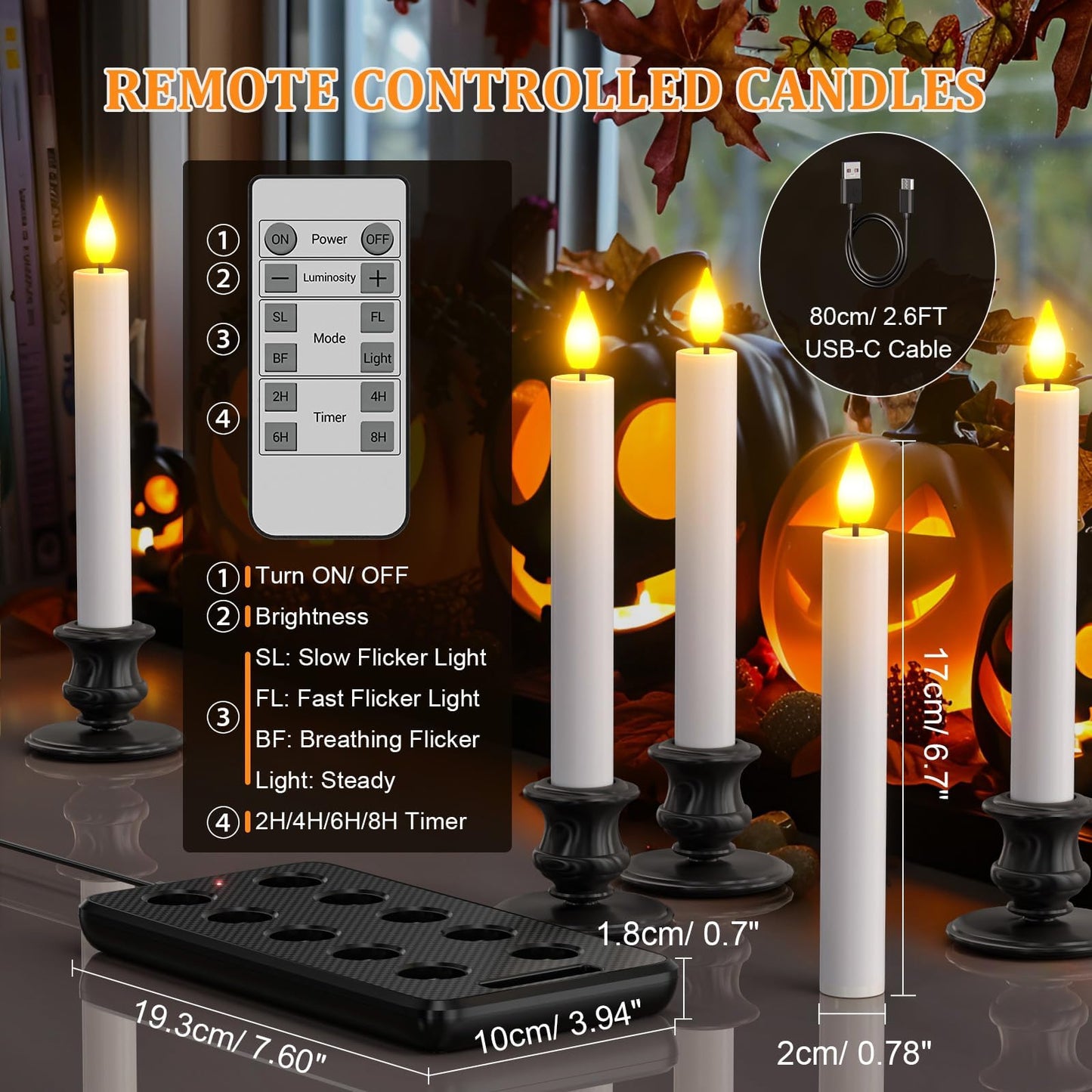 SoulBay 10pcs Flameless Rechargeable Candles with Charging Base and Remote, 17 cm Long Realistic Flickering Bright LED Taper Candle Sticks with Timer for Home Wedding Christmas Decorations