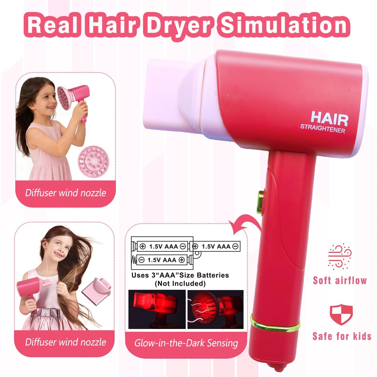 Play Hair Salon Set for Little Girls - Beauty Hair Salon Toys with Realistic Hair Dryer, Curling Iron ，Interactive Lights & Sounds ，Educational Dress-Up Toy Vanities for Kids Ages 3+