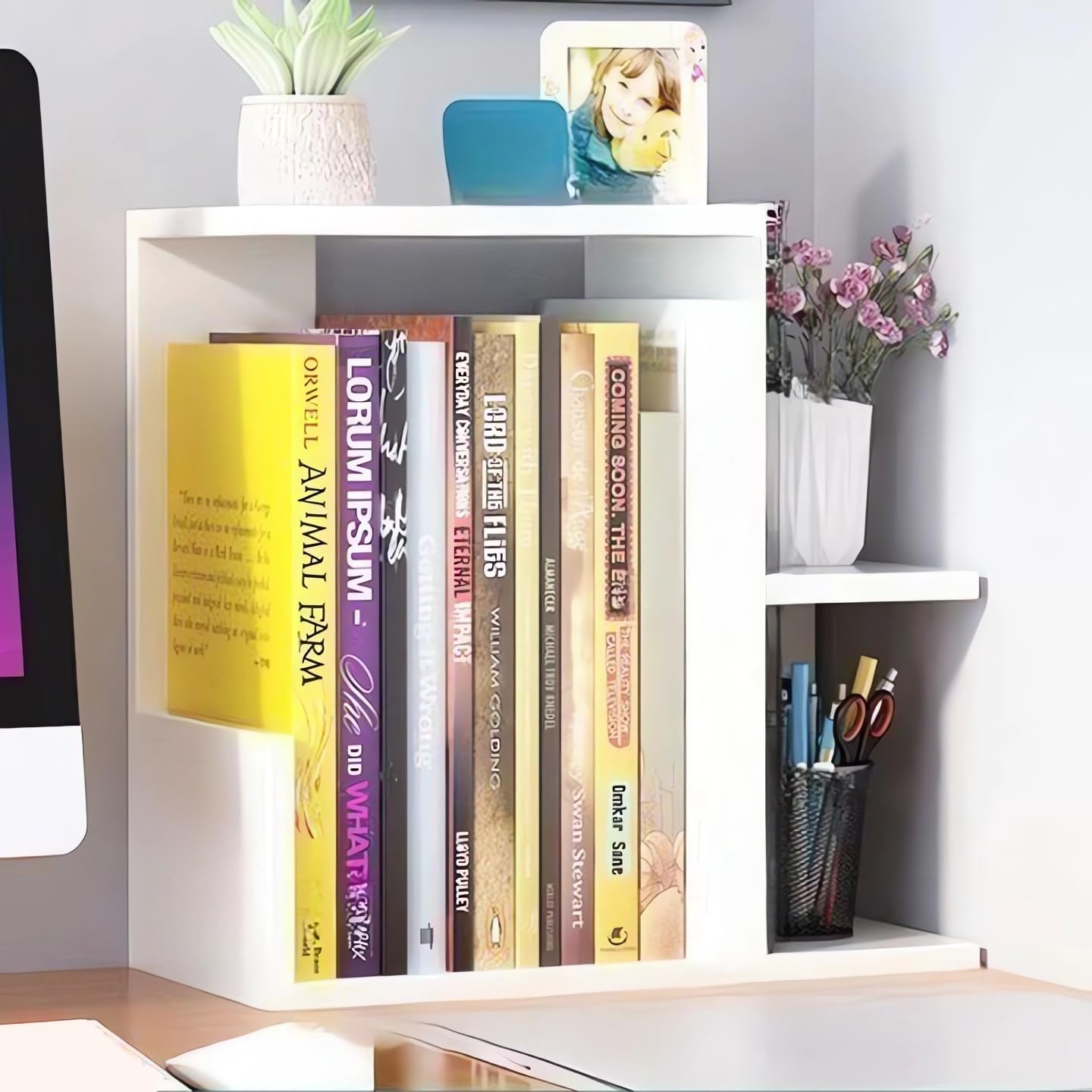 Hbluefat Desktop Bookshelf Organizer, Small Wooden Storage Rack, Multi-Functional Desk Display Shelf for Home Office (White)