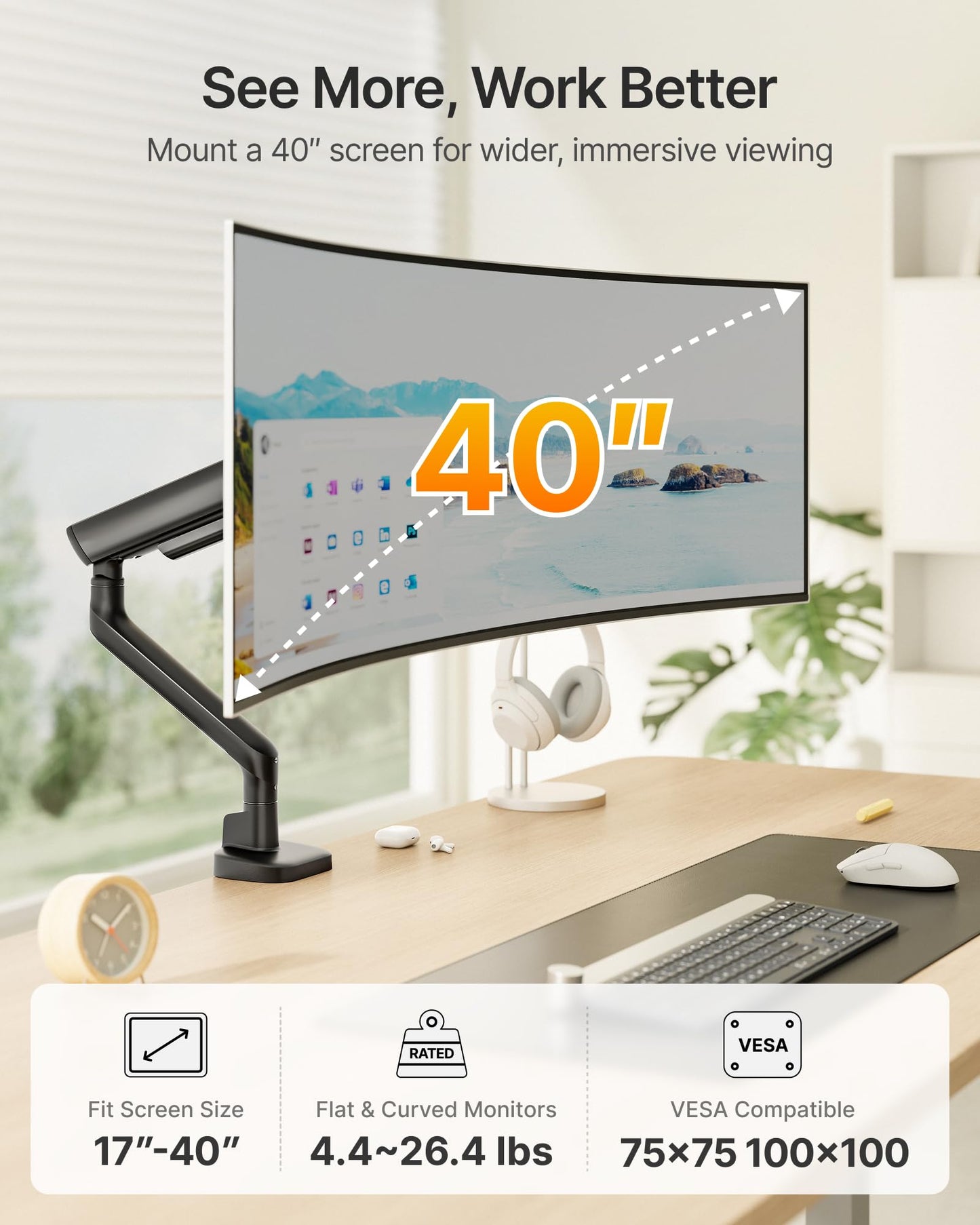monTEK Single Monitor Arm, Mechanical Spring Monitor Arm for 17-40" Ultrawide Screens, Adjustable Monitor Desk Mount Holds up to 26.4 lbs with C Clamp/Grommet Desk Mount, VESA 75/100mm, MA1011BK