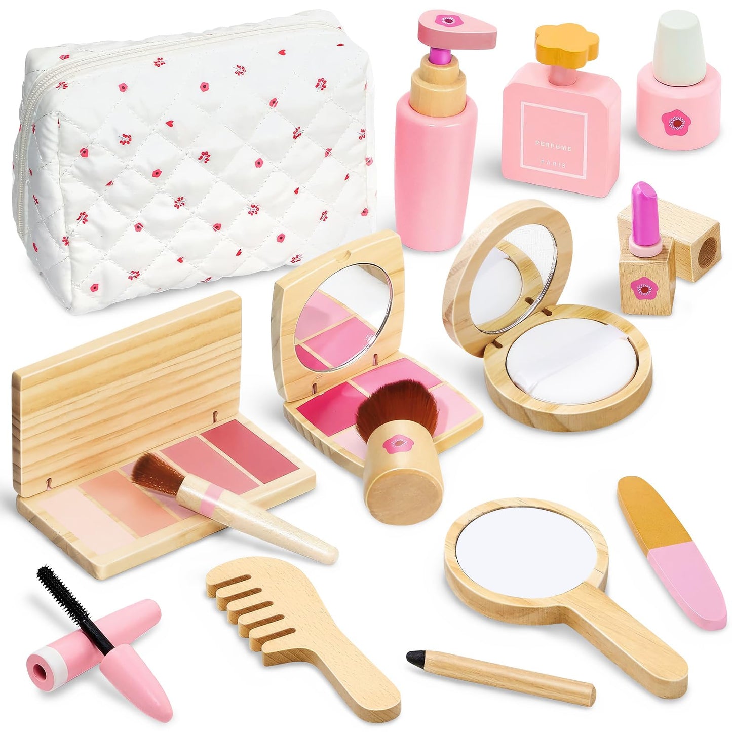 WELIN Wooden Makeup Toy Set, 17-Pieces Toddler Pretend Play Makeup Bag, Role-Playing Toys for Girls Ages 3-8, Perfect Christmas Birthday Gifts for Girls