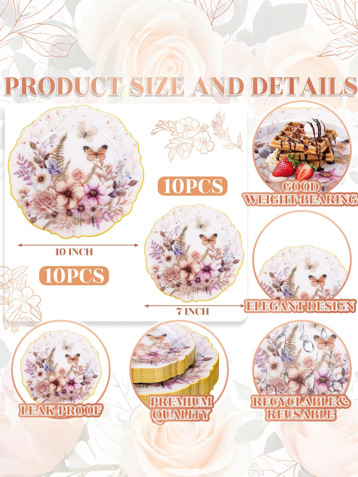WDF 20Pack Spring Plates Flower- Baroque Fancy Butterfly Plates Disposable - 10’’ and 7’’ Floral plastic tableware Decoration Suitable for Spring Garden Party/Tea Party/Birthday