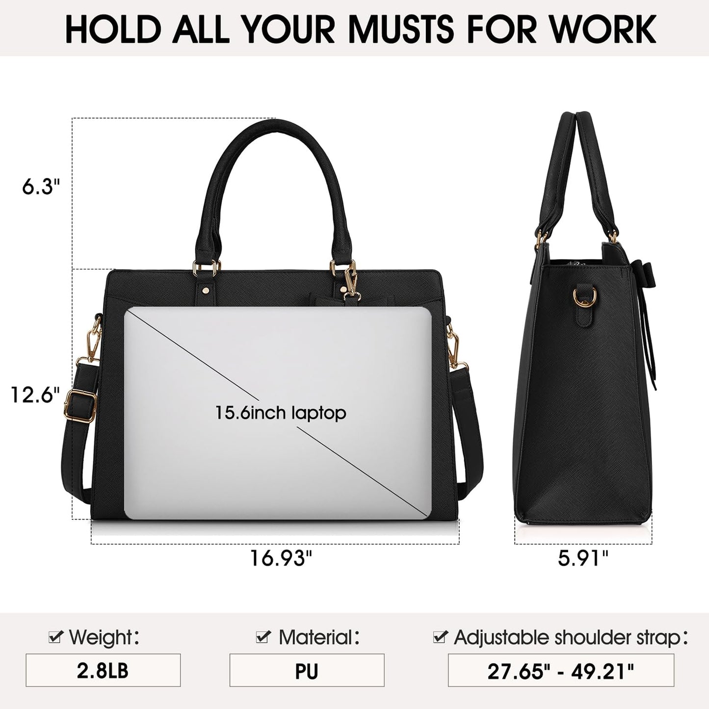 Laptop Bags for Women 15.6 inch Laptop Tote Bag PU Leather Large Work Tote Bag Waterproof Professional Business Office Work Bag Laptop Briefcase Women Travel Handbag Shoulder Bag, Black