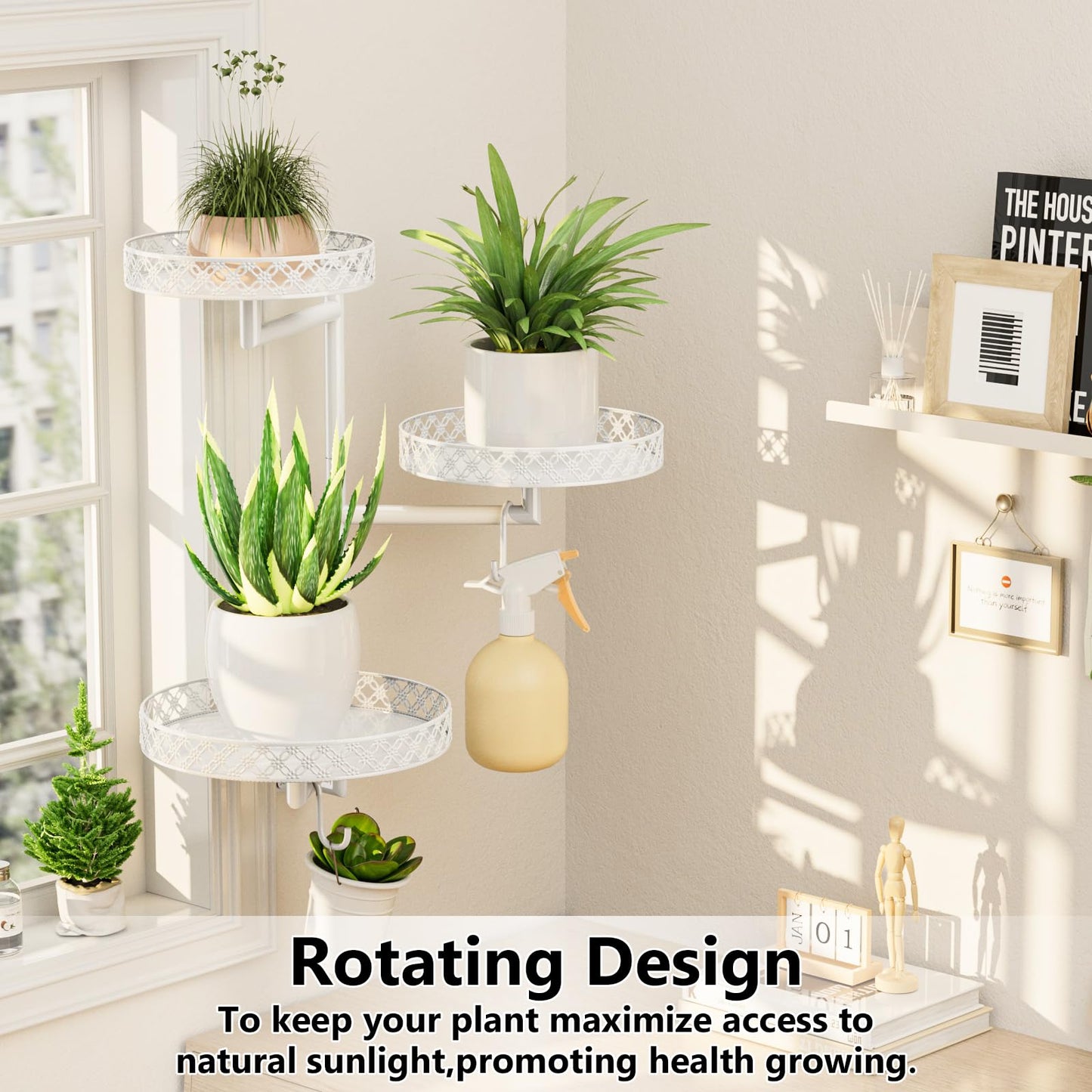 OVICAR Rotating Window Plant Shelves - Indoor Wall Plant Stand 3-Tier Floral Metal Window Shelf Holder for Multiple Plants with Hanging Hooks Home Decor White