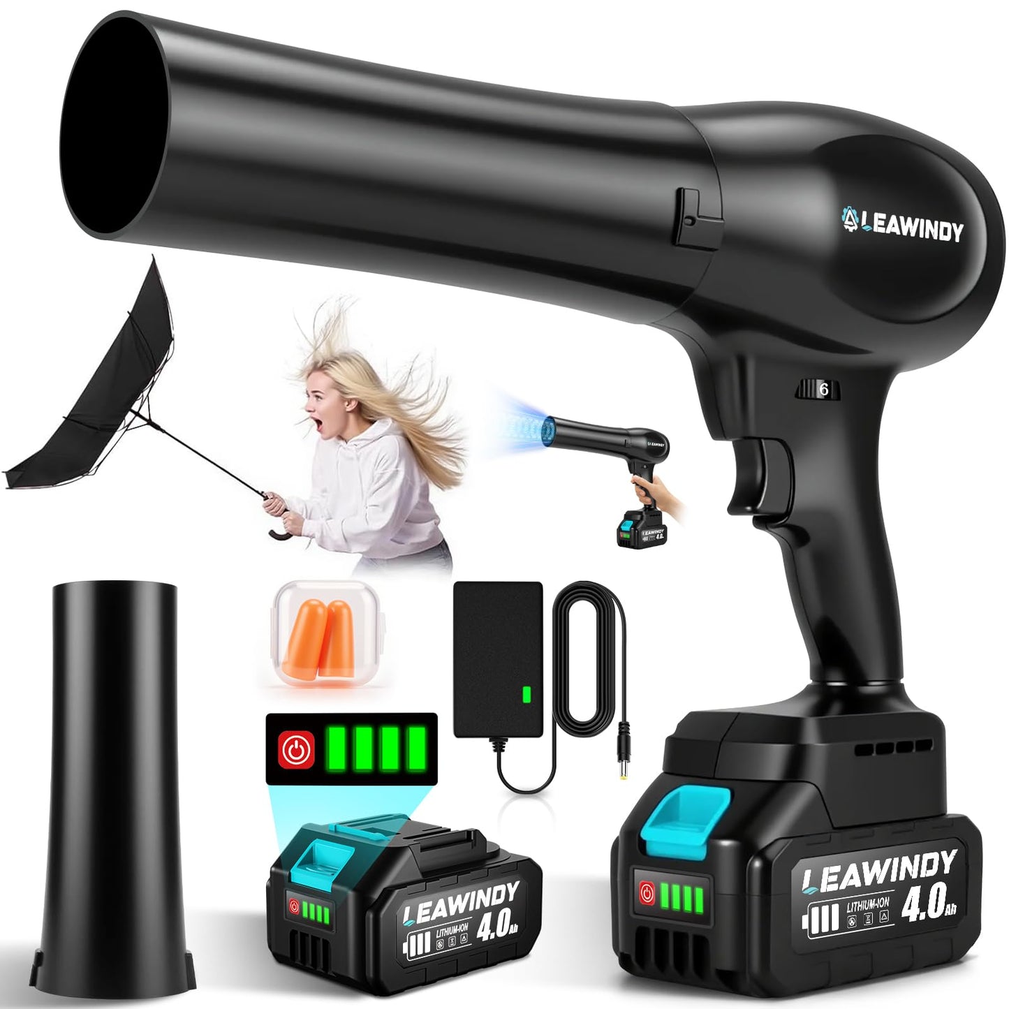 Cordless Leaf Blower with 6 Speed Mode, 800000RPM Handheld Leaf Blower, Lightweight Mini Turbo Jet Blower with 1 X 4.0Ah Batteries and Charger, Rechargeable Leaf Blowers for Lawn Care, Patio, Car