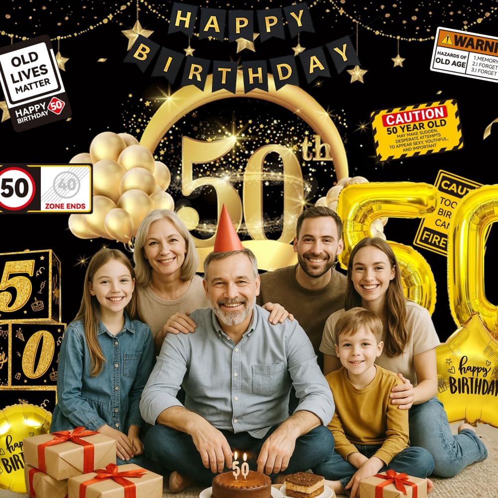 50th Birthday Party Decorations 50 Years Old Party Supplies Set for Men Women with Balloons Garland, 50th Backdrop, Birthday Banner, Foil Balloons and Curtains 100 pack