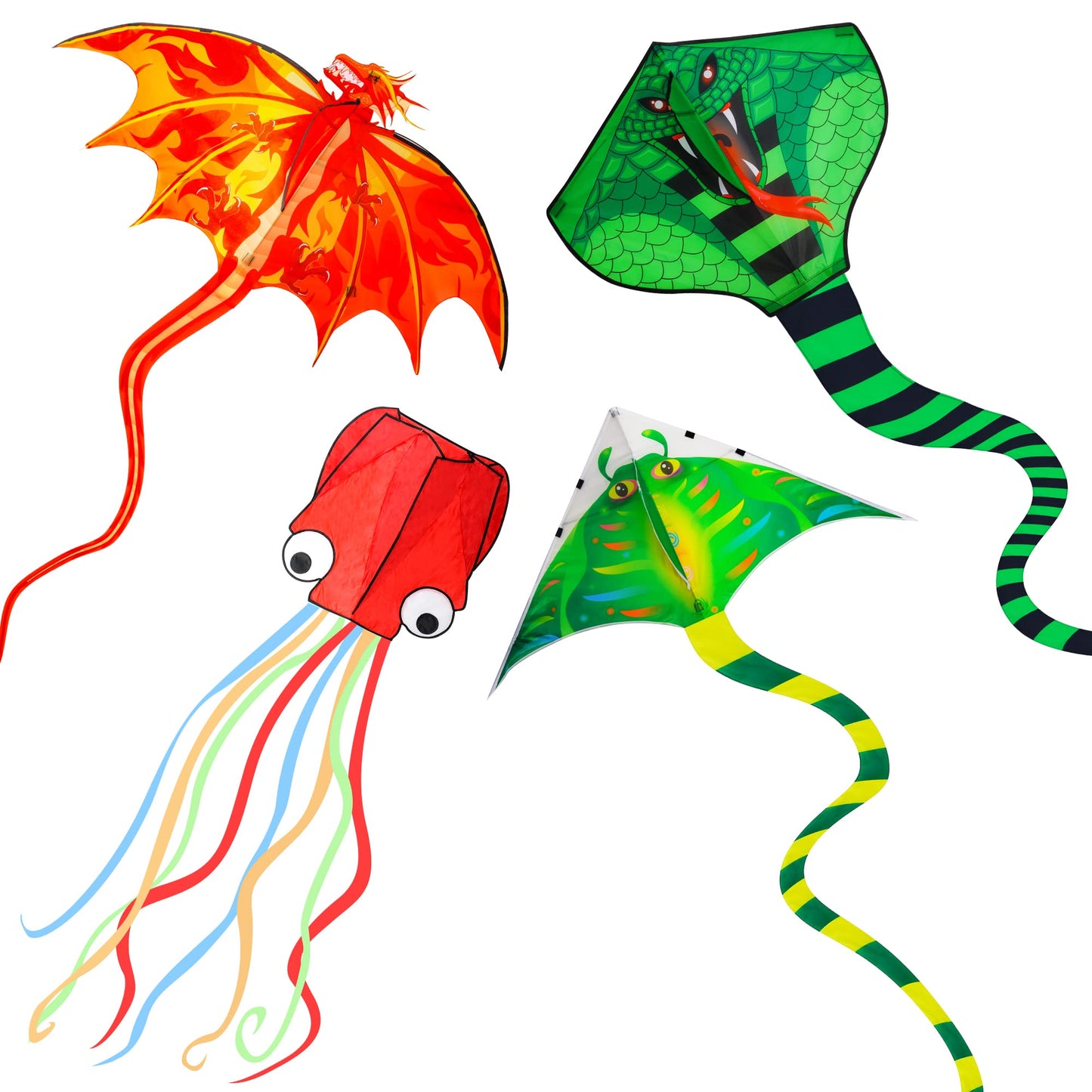 4 Pack Kites - Large Fire Dragon Kite Green Snake Devil Fish Red Mollusc Octopus with Long Colorful Tail for Kids Adults Outdoor Game Activities