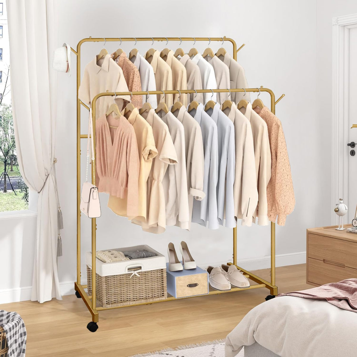 AT-VALY Double Rods Clothes Rack, Sturdy Metal Garment Rack with Wheels, Portable Wardrobe Rack with Bottom Shelf & Side Hooks, Heavy Duty Coat Hanger Stand for Bedroom, Laundry, Living Room,Gold