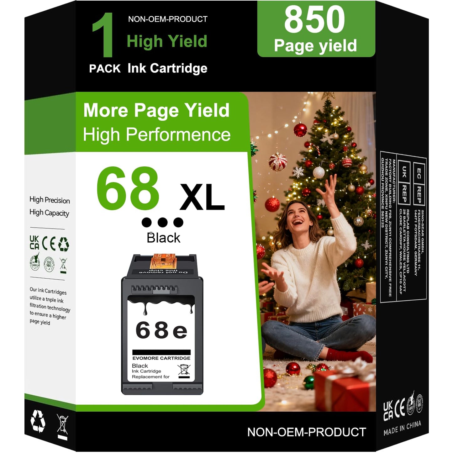 YUECOLOUR 68XL Black Ink Cartridges High Yield Black 1 Pack Replacement for HP Printers Envy 6555e 6100e 6500e Series 68e Compatible with 6155e 6555e 6152e 6552e 6558e 6165e