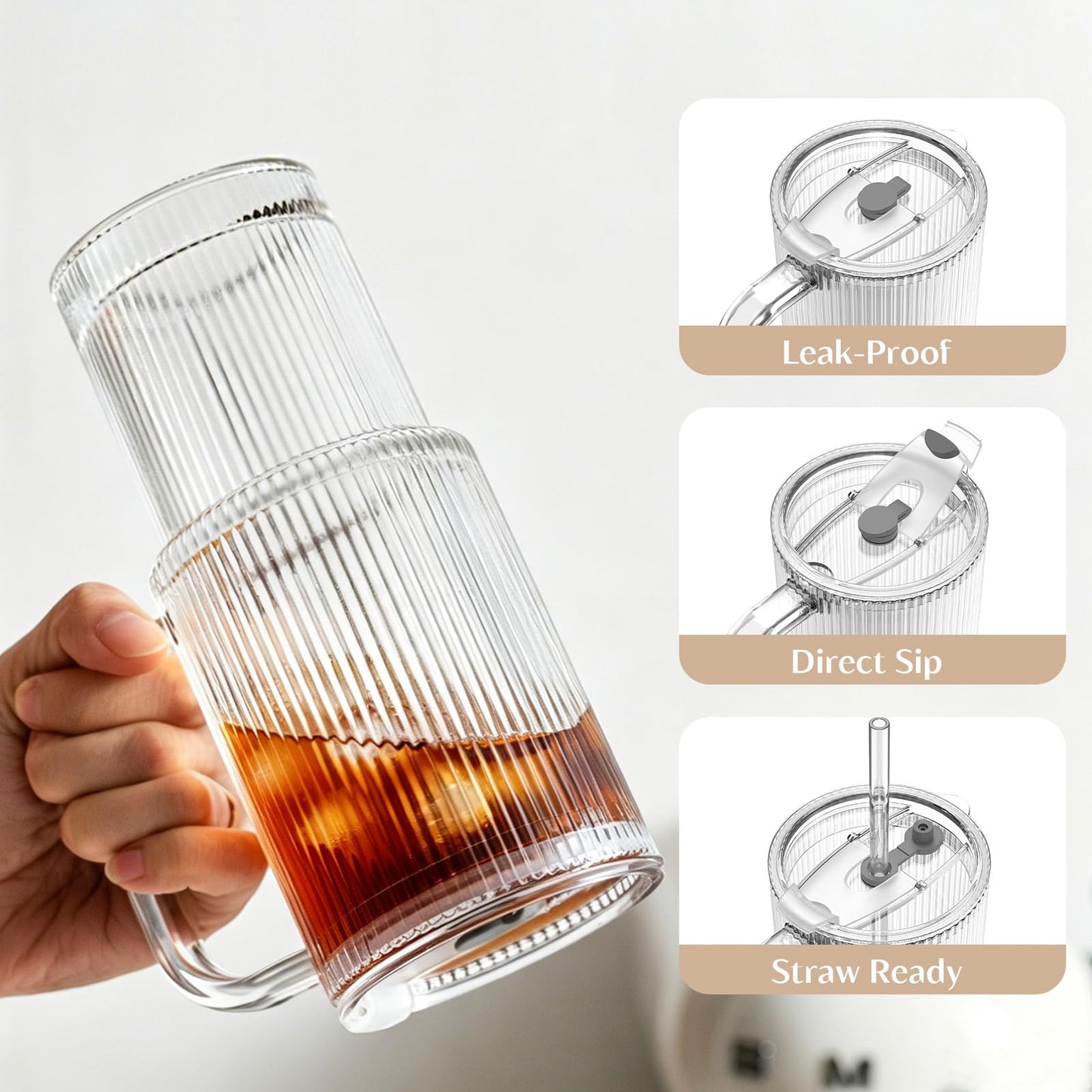INSETLAN 26oz Ribbed Glass Tumbler with Handle & Lid – 2-Pack Large Iced Coffee Cups with Straws, Modern Glass Mug for Cold & Hot Beverages, Aesthetic Travel Cup for Smoothies, Tea, and Juice
