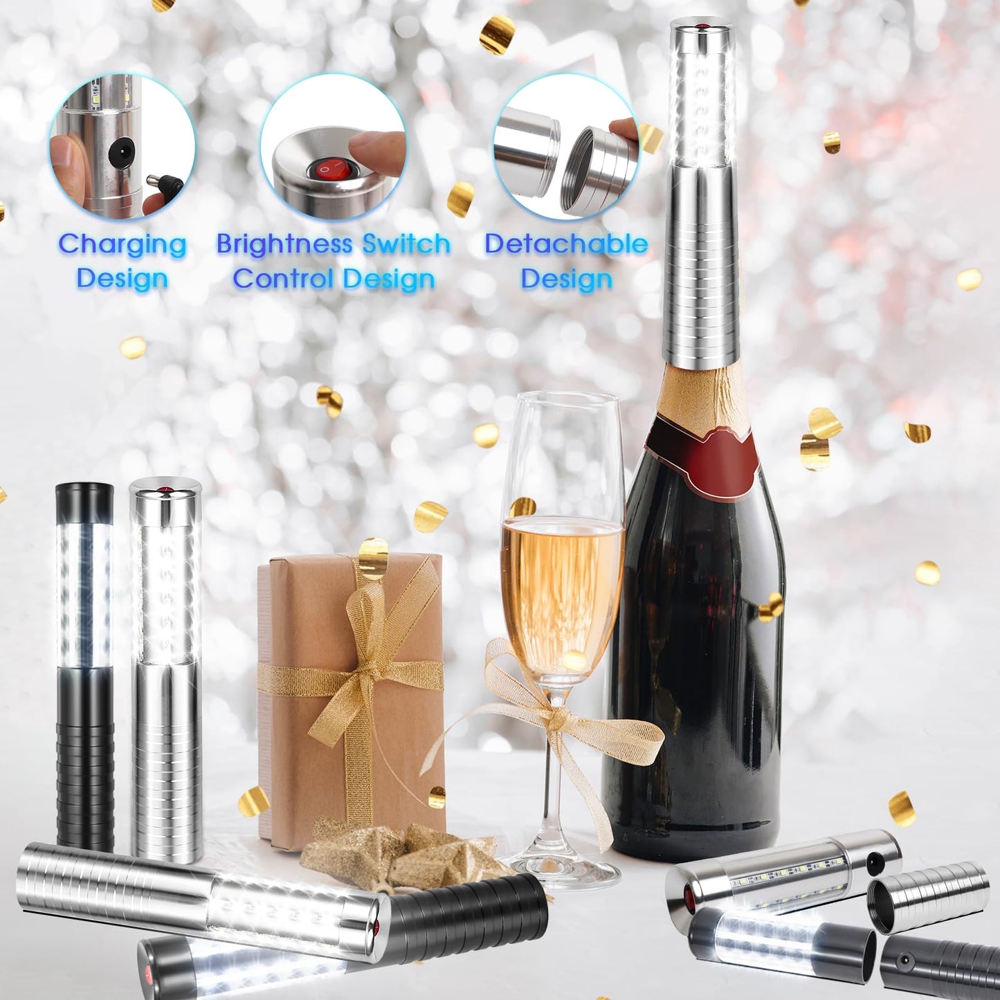 ZSSXOLED 2 PCS LED Strobe Baton Light Rechargeable LED Bottle Service Light Reusable Handheld Champagne Bottle LED Light for Party Nightclub Bar Concert Event Festival Outdoor Activity (Silver&Black)
