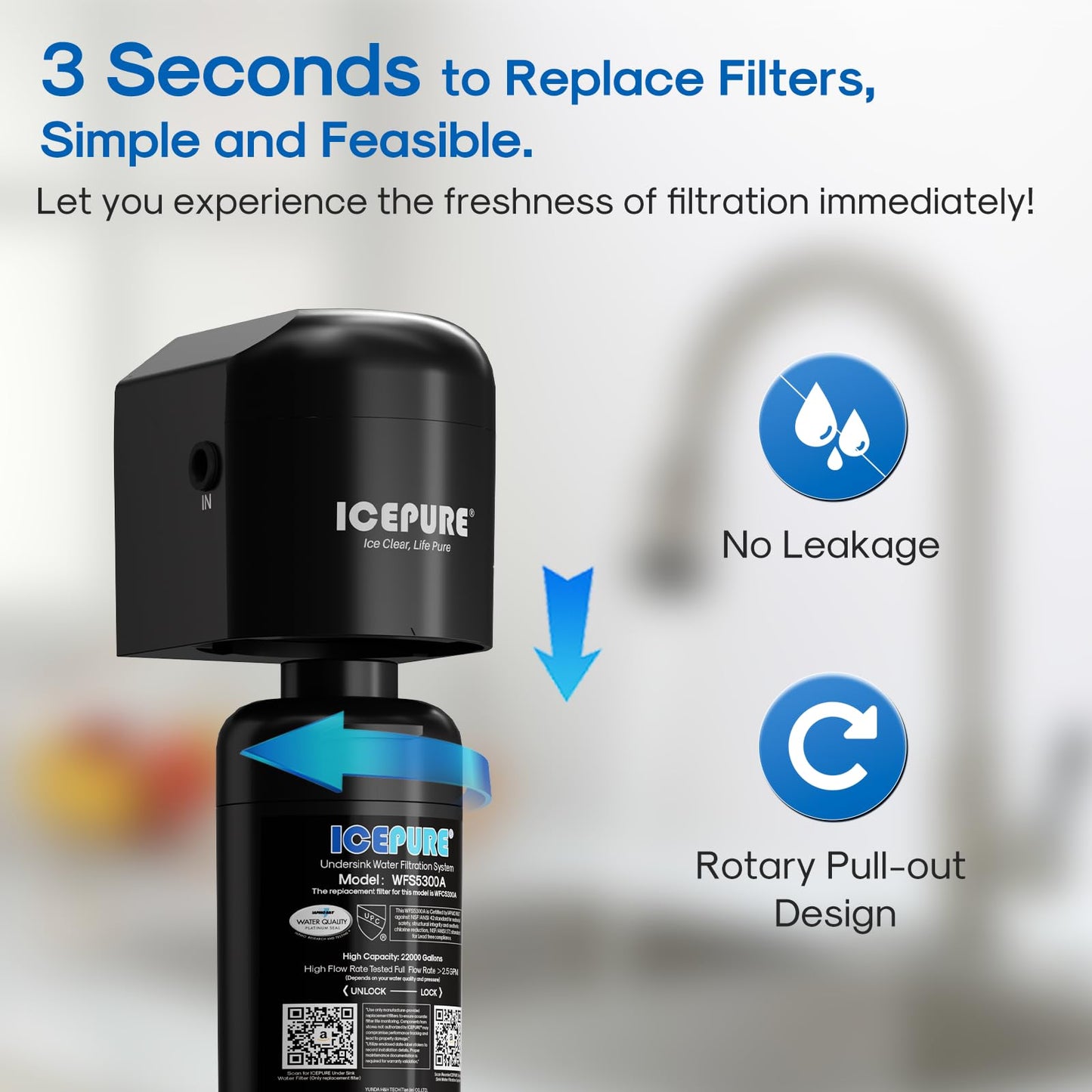 ICEPURE Under Sink Water Filter System, 3 Years or 22000 Gallons Ultra High Life NSF/ANSI 42 Certified, Removes Heavy Metals,Chlorine,Direct Connect Under Counter Drinking Water System, USA Tech Black