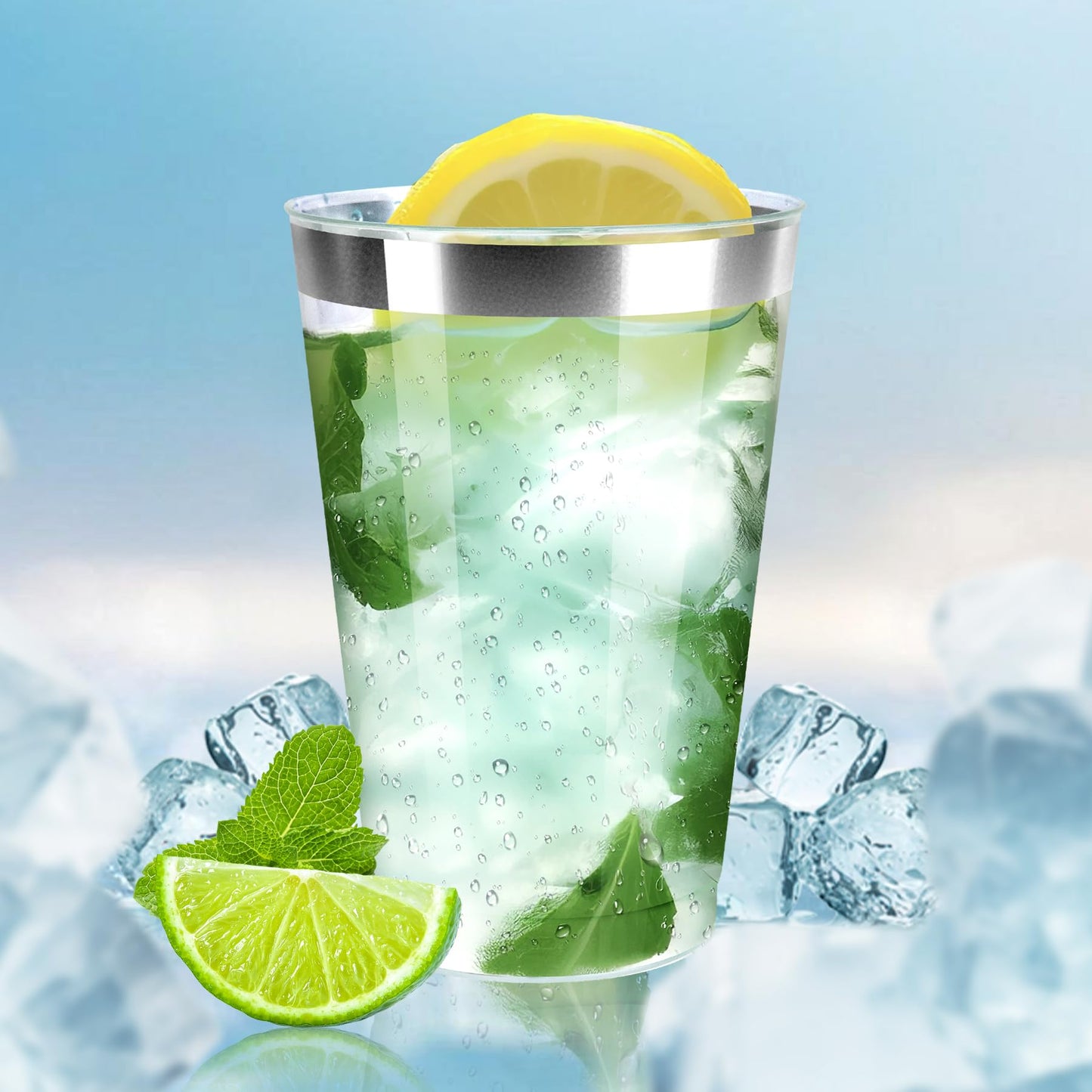 Byvivace [200 Pack 12oz Clear Plastic Cups with Silver Rimmed Sturdy & Food Safe Disposable Wine Glasses Party Cups Wedding Cups Disposable Drinking Cups for Wine, Juice, Cocktails and Cold Beverages