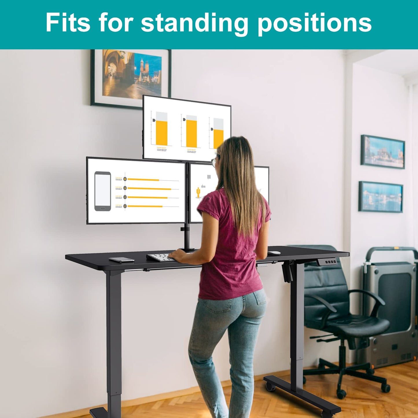 MOUNT PRO Triple Monitor Stand, Fits 3 Screens Up to 32 Inch, Fully Adjustable Stacked Monitor Desk Mount, VESA Compatible, C Clamp/Grommet Base
