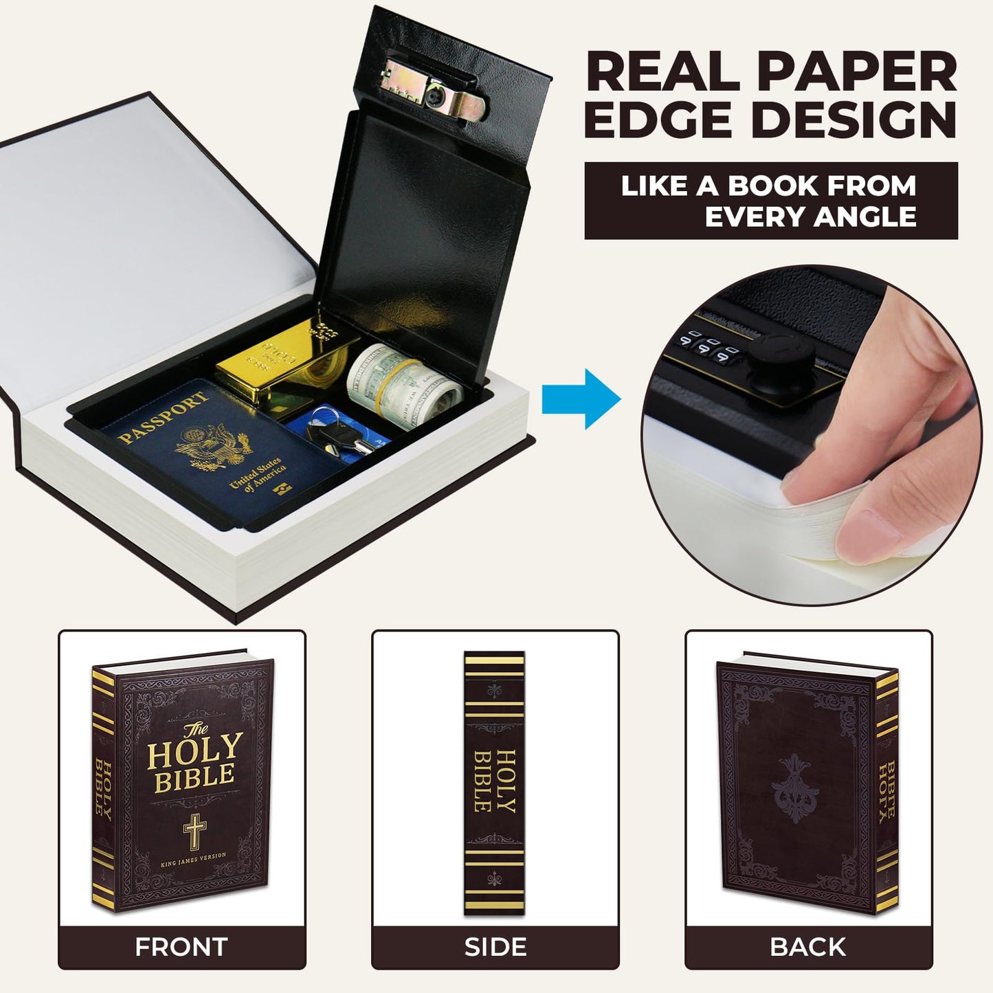 Book Safe with Combination Lock, Hidden Safe (10.9 x 7.7 x 1.8 Inch) with Fireproof Bag, Secret Diversion Safe, Hollow Book Box Hidden Storage, Money Safe Box for Cash (Bible)
