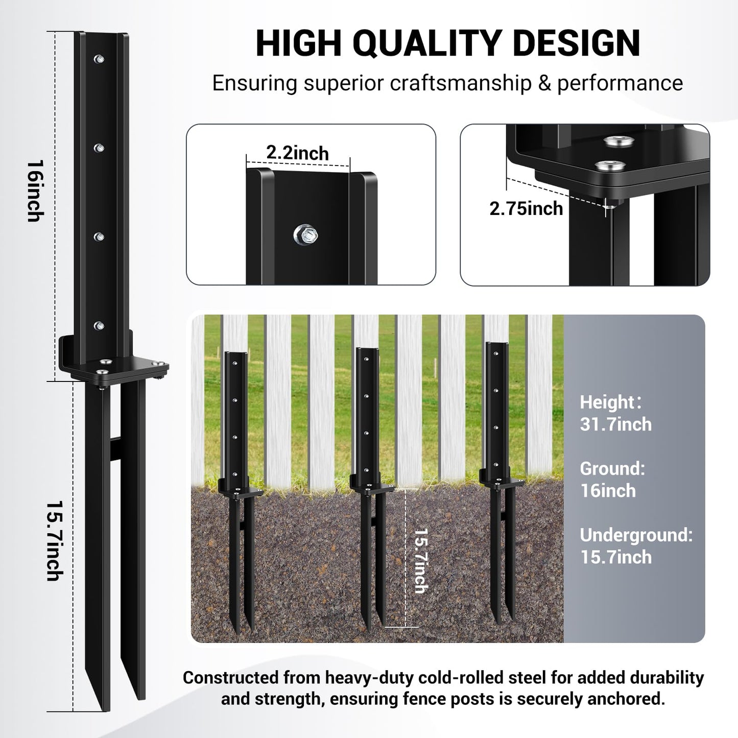 2 Pack Fence Post Anchor Kit, Heavy Duty Steel Fence Post Repair Stakes, Post Anchor Ground Spike for Repairing Tilted Broken Wood Support, Black