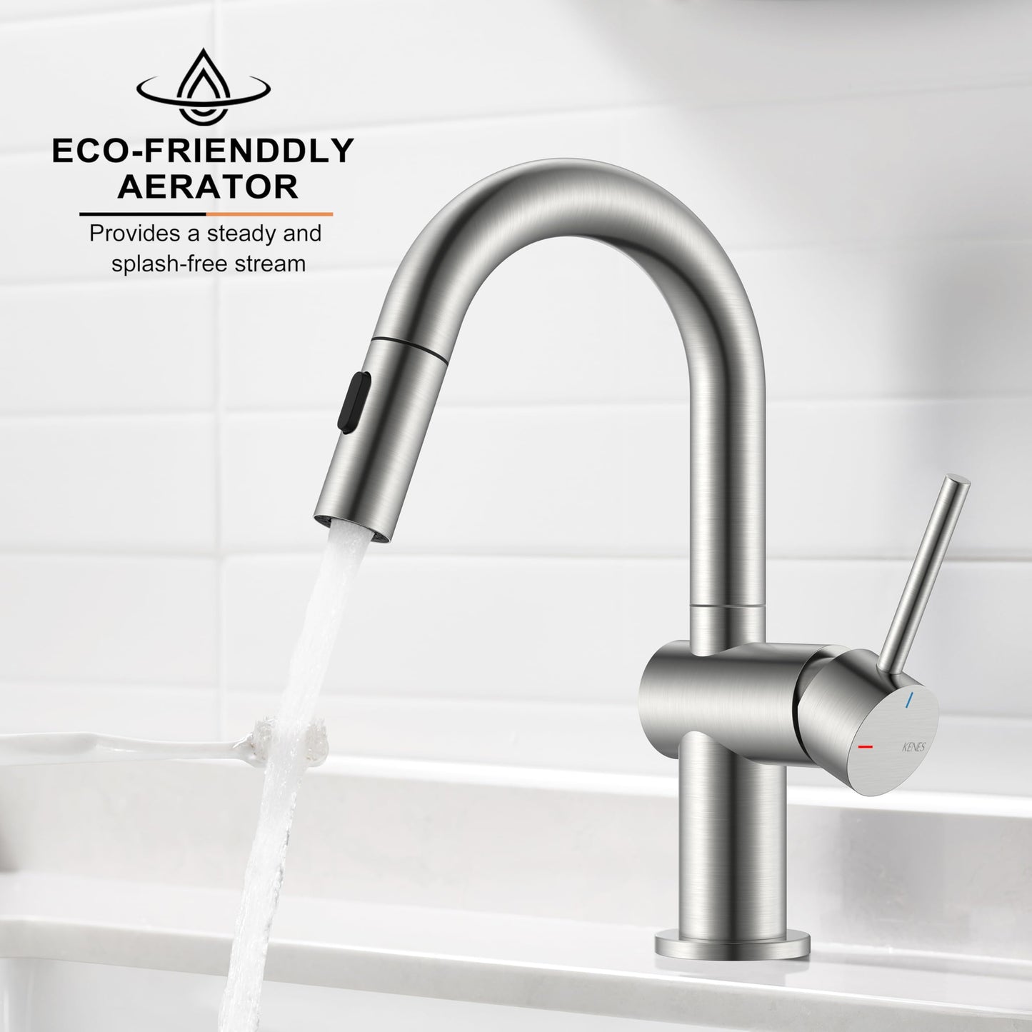 KENES Brushed Nickel Bathroom Faucet with Pull Down Sprayer, Single Handle Bathroom Sink Faucet with Pull Out Sprayer, Vanity Faucet with Pop Up Drain & Deck Plate, KE-9065B