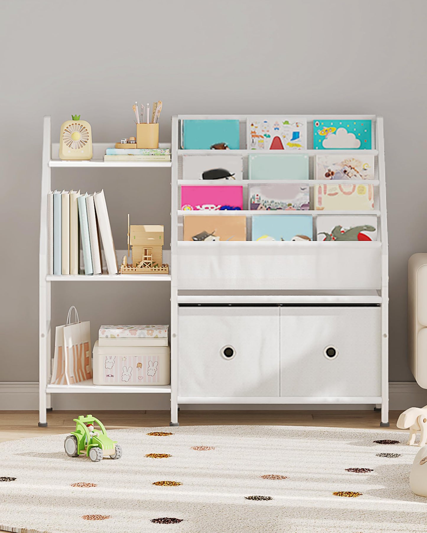 CHOEZON Kids Bookshelf and Toy Storage, 4-Tier Sling Bookshelf for Kids, Kid Book Shelf with 3-Tier Storage Shelf and 2 Drawers, Toddler Bookshelf for Kids Room, Nursery, Classroom, White TCW10WB