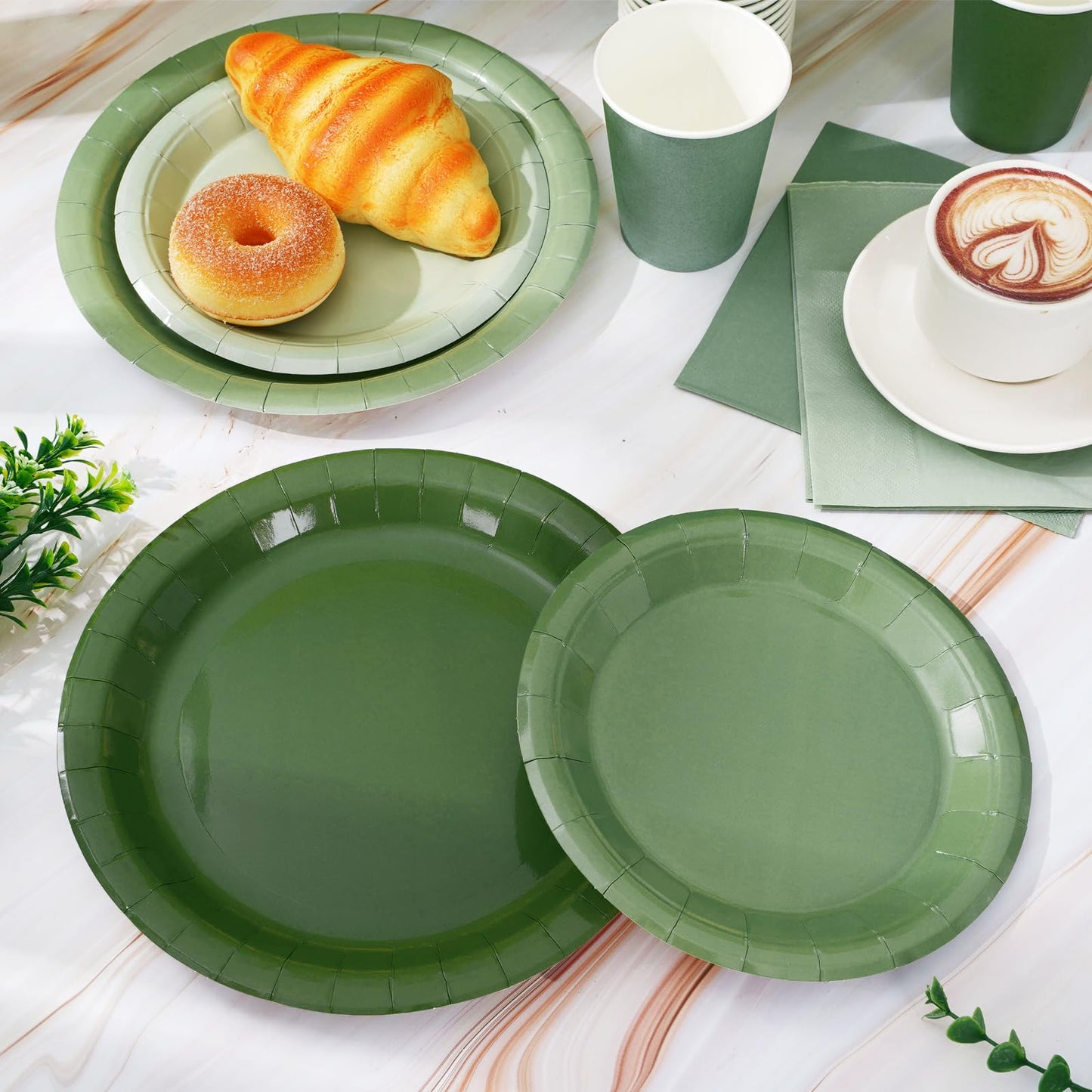 Whaline 96Pcs Sage Green Tableware Set Serves 24 Gradient Green Disposable Dinnerware 24 9" Plates 24 7" Plate 24 9oz Cups 24 Napkins for Wedding Birthday Party Supplies